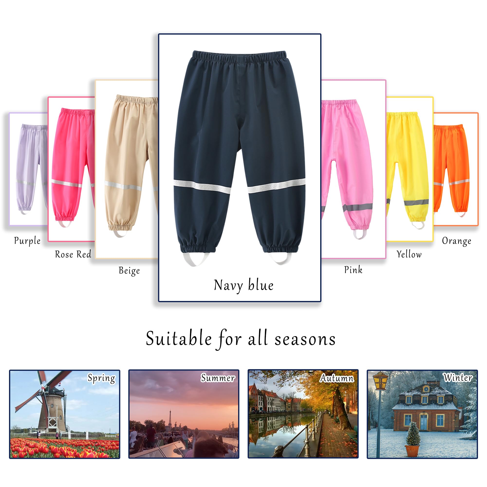 Kinder Regenhose Jungen Mädchen wasserdichte Matschhose mit Reflektor Buddelhose Outdoor Sommer Dünn Ungefüttert Ohne Träger Leichte Atmungsaktive Reisen Regenbekleidung für Alter 1-8 Jahre