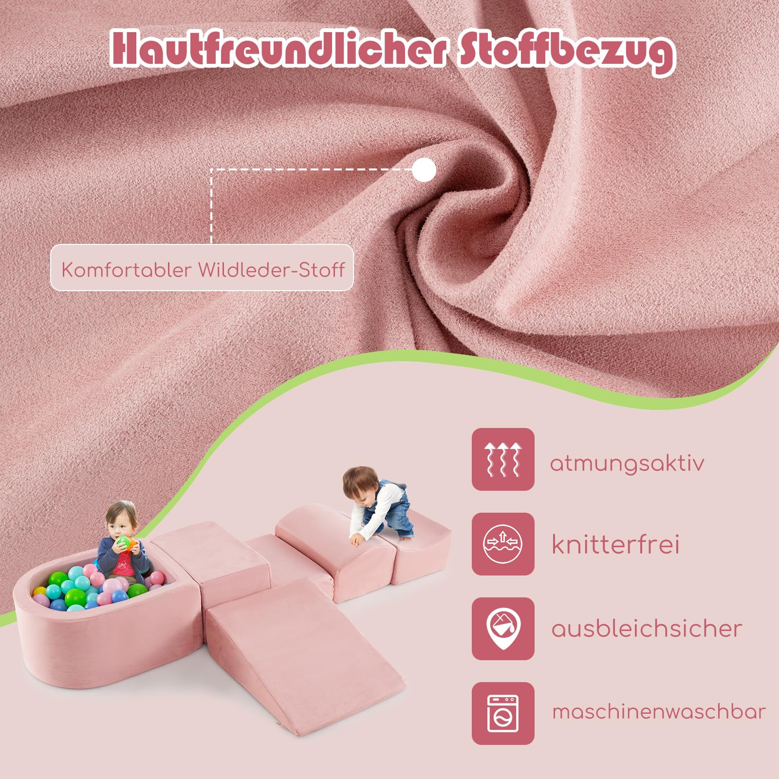 DREAMADE 5 TLG. Softbausteine, Riesenbausteine mit Bällebad & waschbarem Bezug, Großbausteine aus Schaumstoff, Kletterblöcke zum Toben & Klettern für Kleinkinder (Rosa)