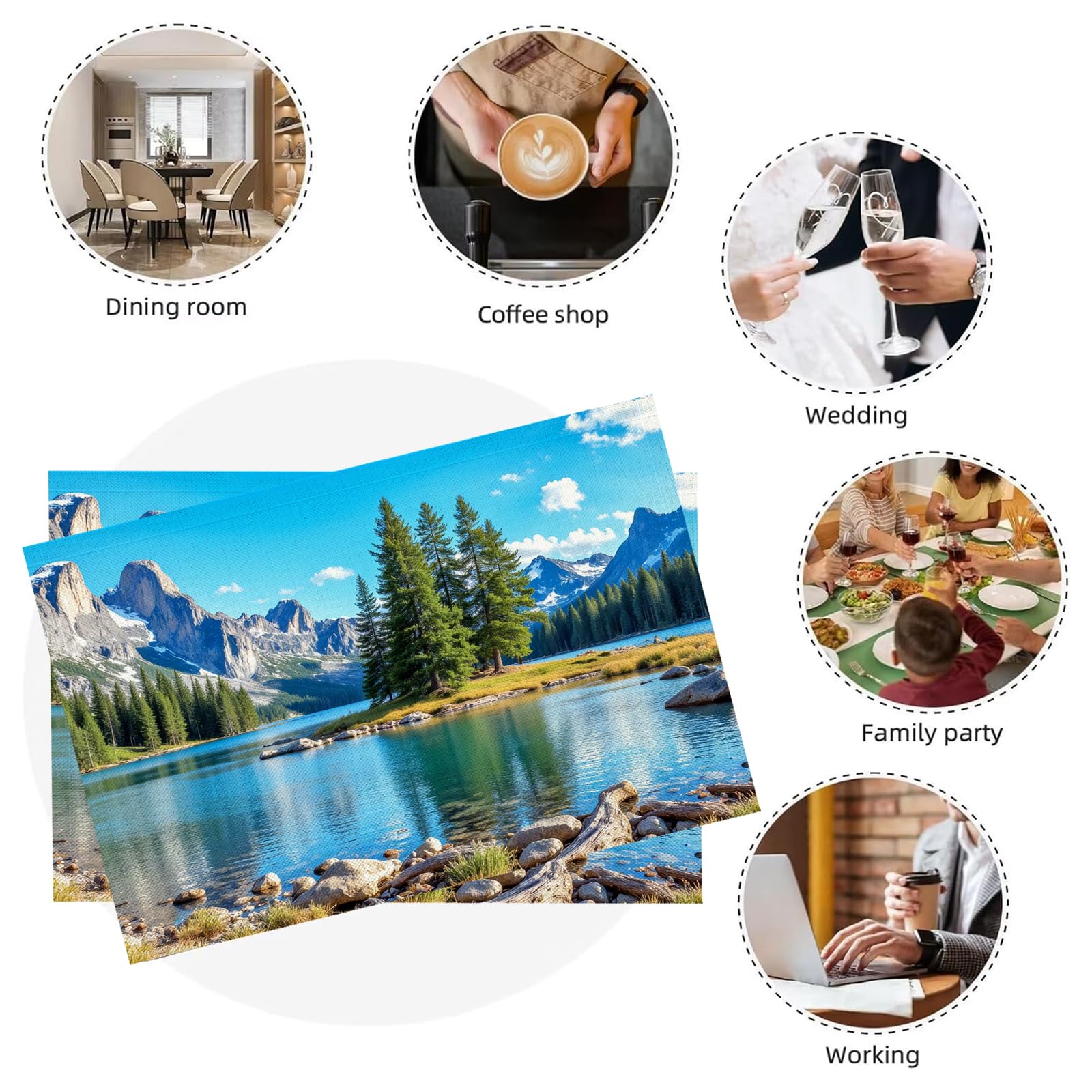 Set di 8 Tovagliette Americane Lavabili Cotone Lino Paesaggio Naturale - Tovaglietta Americana Stoffa Resistenti al Calore Durevole Catene Montuose Cime Innevate- per Colazione Pranzo