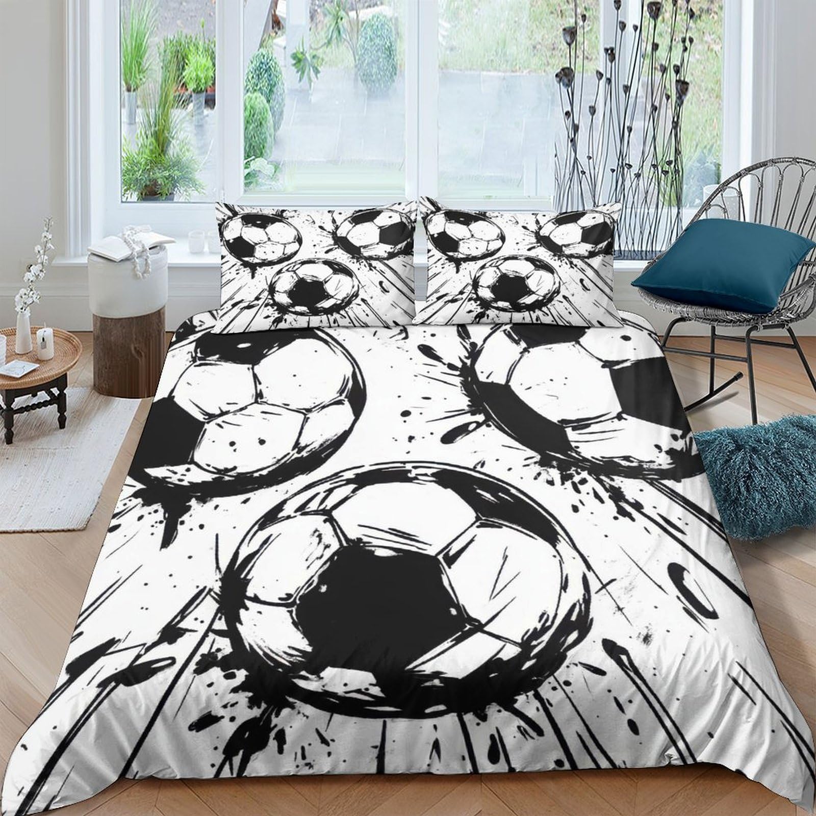 GPLZQXKJNH 3D Printed Soccer Ball Duvet Cover Set Microfiber Soft Breathable Graffiti Bedding Set with 2 Pillowcases for Bedroom Decor Single（135x200cm）