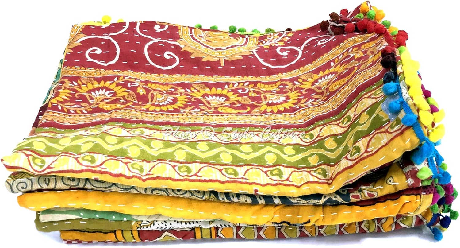 Indian Cotton Wholesale Lot Baby Blanket Quilt 3 Pc Unisex Soft Thin Vintage Kantha Embroidered Childrens Quilt Multicolored Floral Printed Rectangular Nursery Decor (48 x 32 Inches)