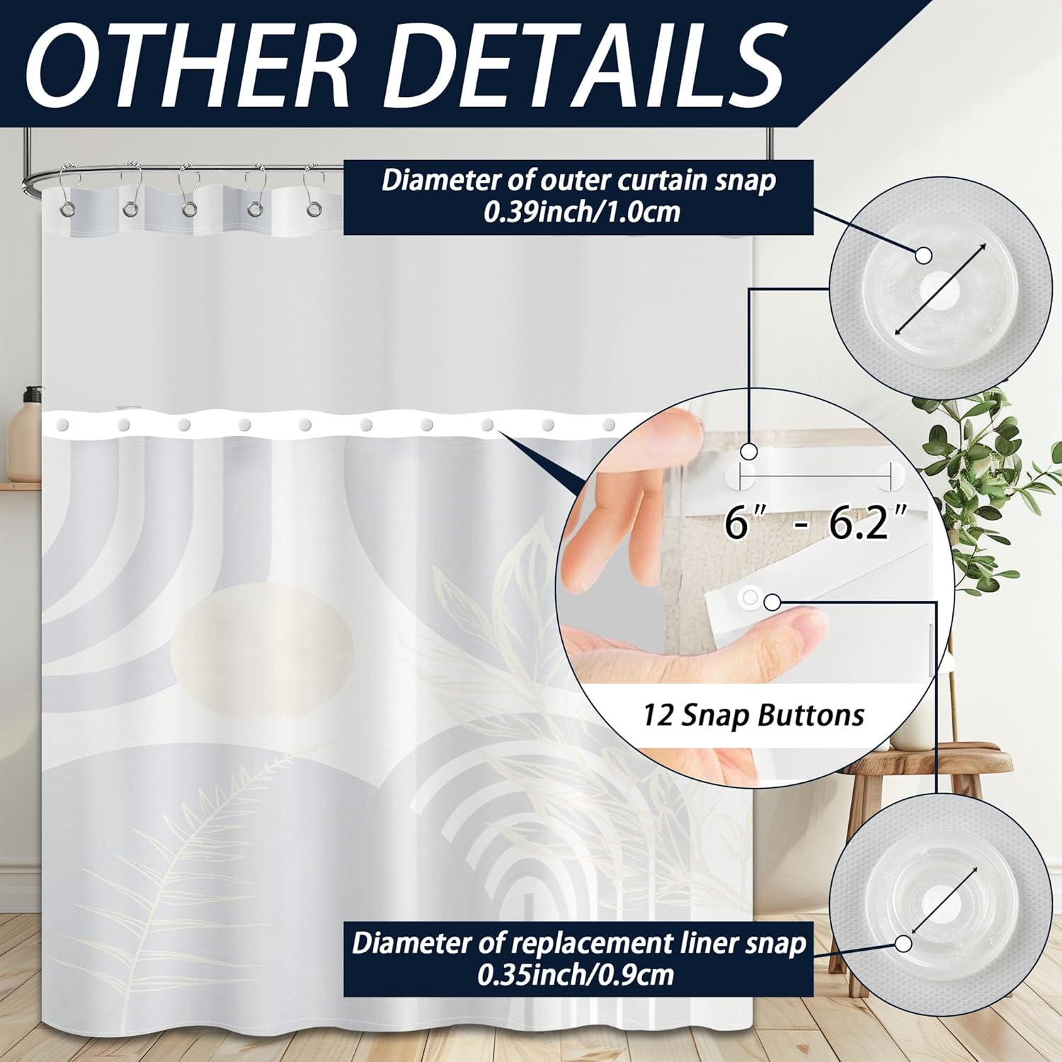 Navy Blue See Through Mesh Top Shower Curtain with Window, Boho Dark Blue and Gold Double Layer Mens Shower Curtains with Snap in Liner with Magnets, Waterproof Cloth Fabric with Hooks 71x72in