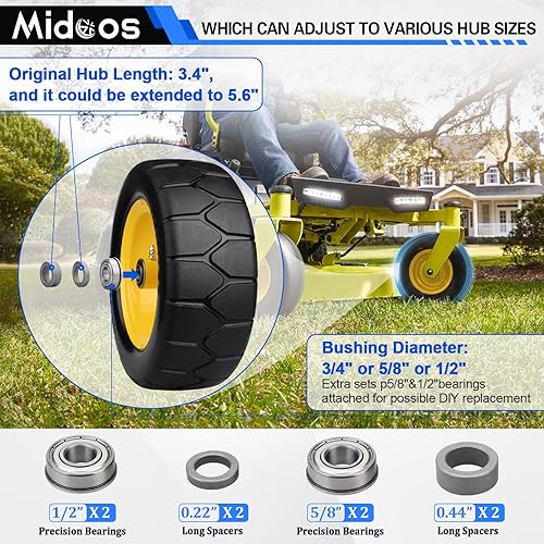 Miniatura 4 de Midcos Neumáticos para cortacésped de 11 x 4.00-5 pulgadas, sin planos, paquete de 2 neumáticos sólidos y ruedas con rodamientos de precisión de 34