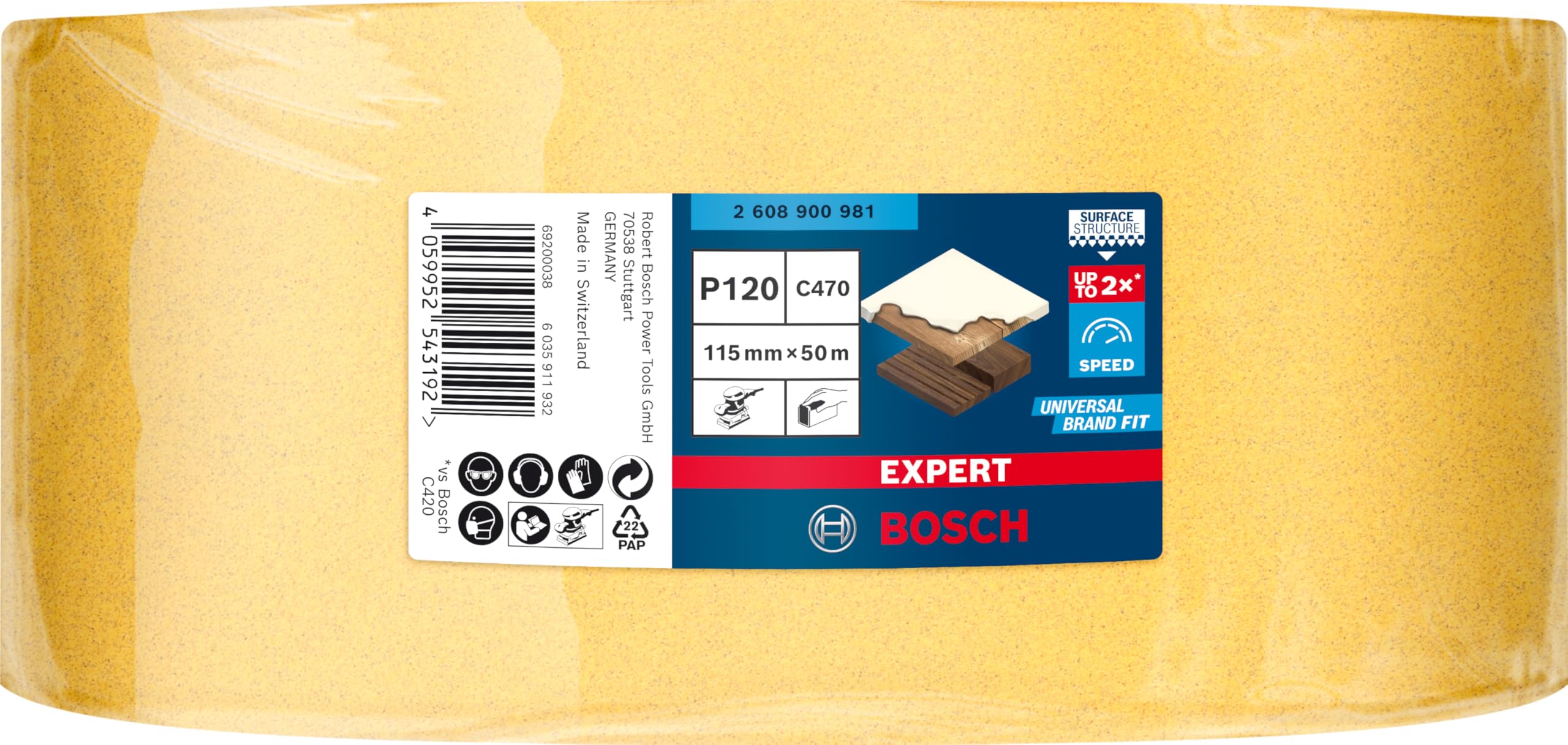 Bosch Professional 1x Rolki papieru ściernego EXPERT C470 (do Farba na drewnie, Twarde drewno, Szerokość 115 mm, Długość 5 m, Ziarnistość 120, Akcesoria Szlifowanie ręczne)