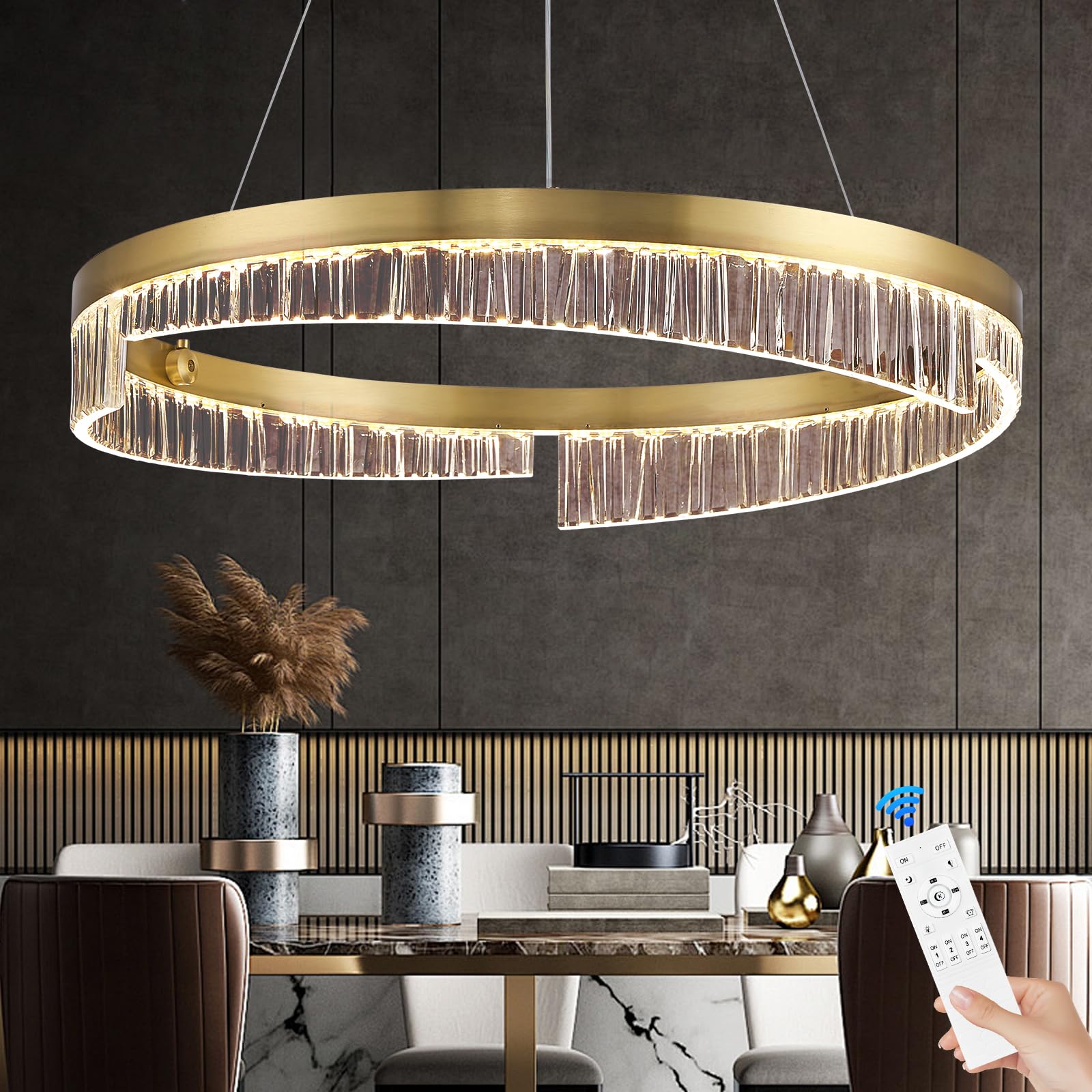 Gold Chandelier 24‘’Modern LED Chandeliers Dimmable 1 Ring Flush Mount Chandelier LED Pendant Light with Remote Control for Living Room Bedroom Dining Room