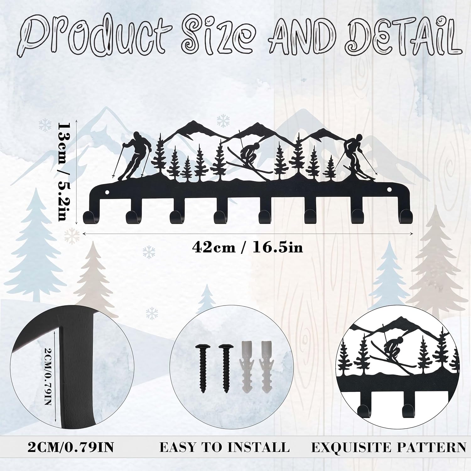 Ski Mountain Key Hook Metal Wall Mount Entryway Decor