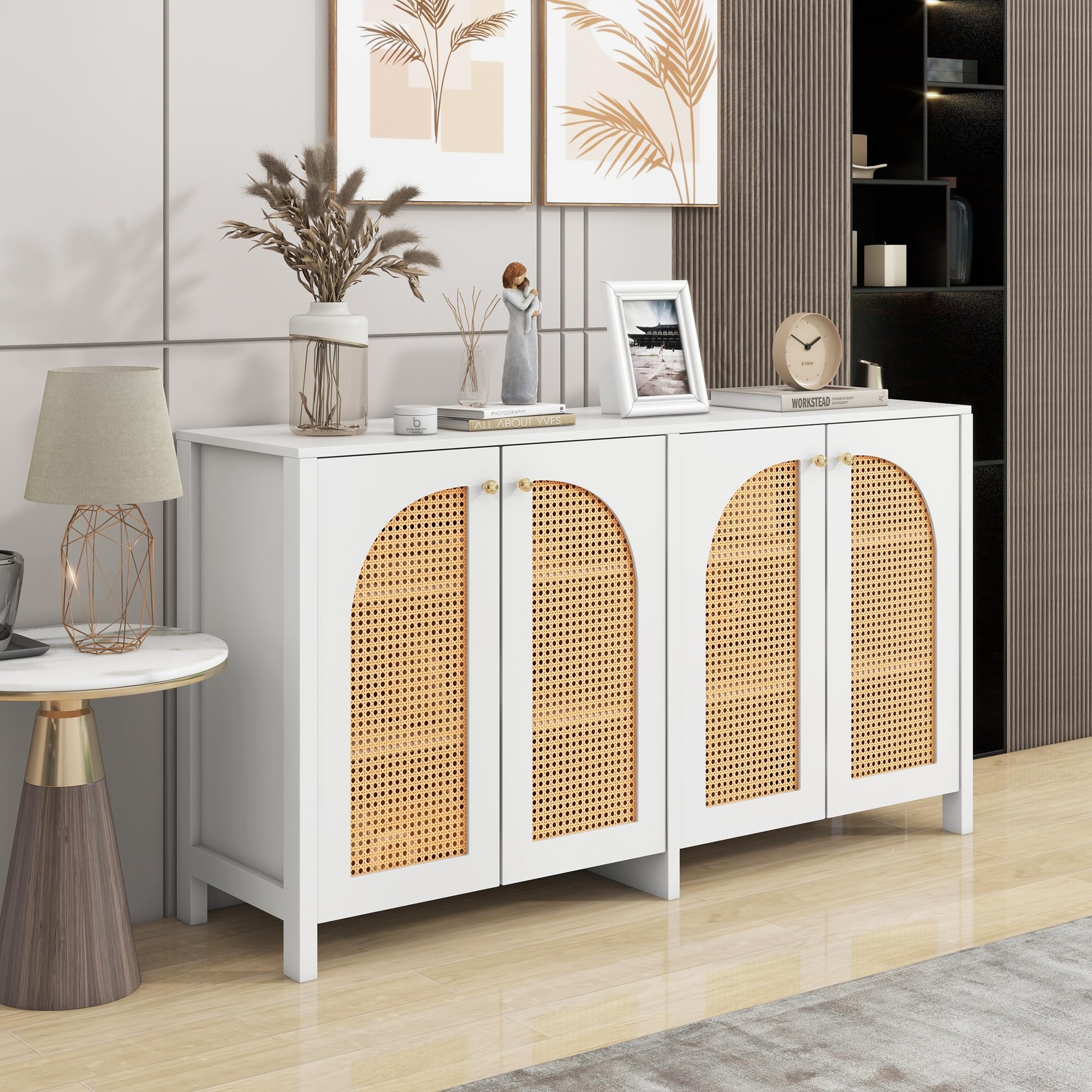 Aparador moderno de estilo minimalista de 4 puertas de mimbre, para comedor, salón, cocina, 145 x 80 x 40 cm (blanco)