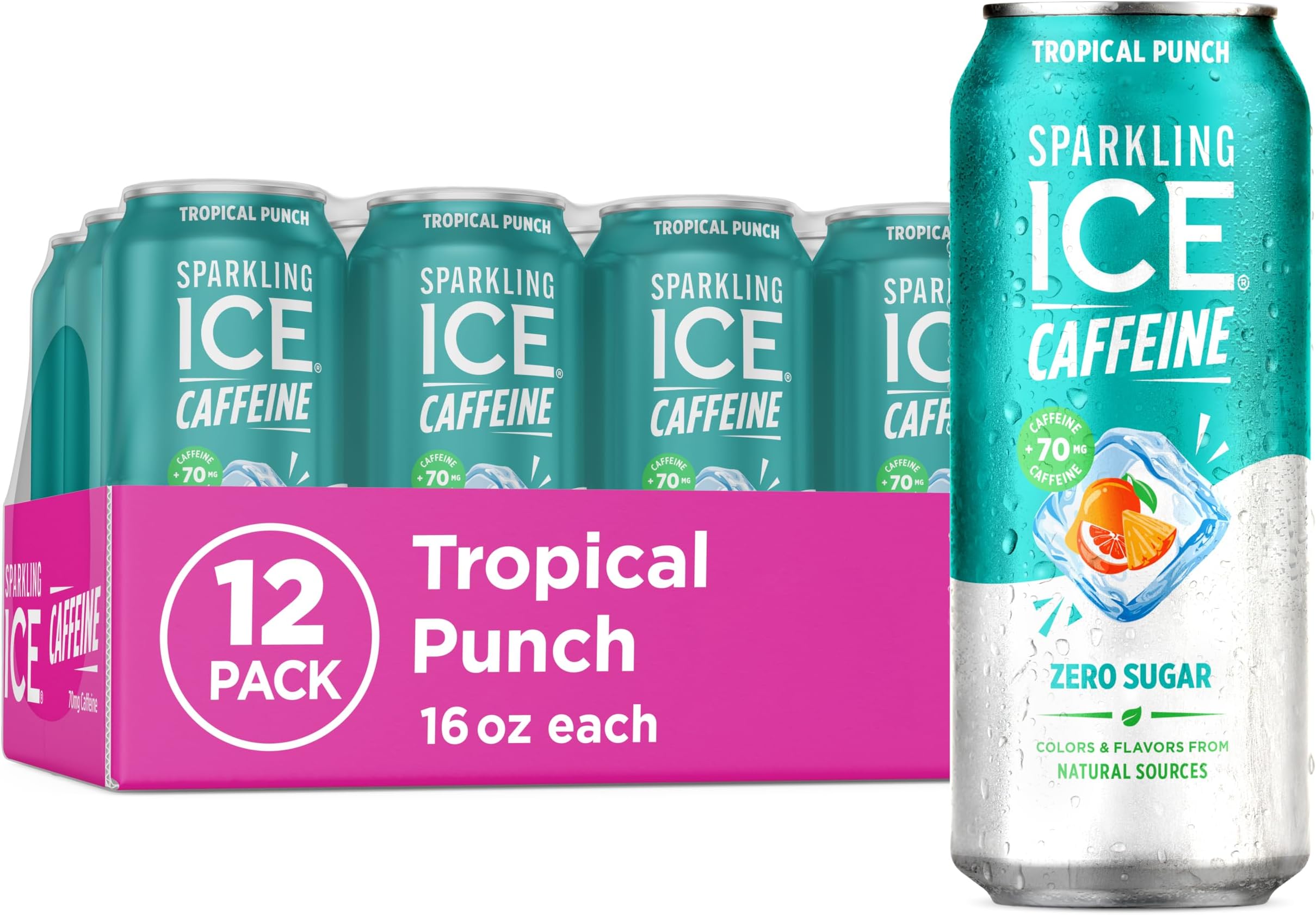 Sparkling Ice Caffeine Tropical Punch Sparkling Water with Caffeine, Zero Sugar, with Antioxidants and Vitamins,16 fl oz Cans (Pack Of 12)