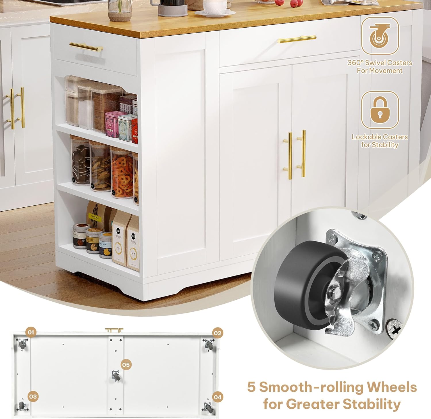 DWVO Large Kitchen Island with Trash Can Cabinet, 53 Inch Kitchen Island on Wheels, Rolling Island with Tilt-Out Garbage Storage Fits 13 Gallon Bin, Spice Rack and Drawer, for Dining Room, White