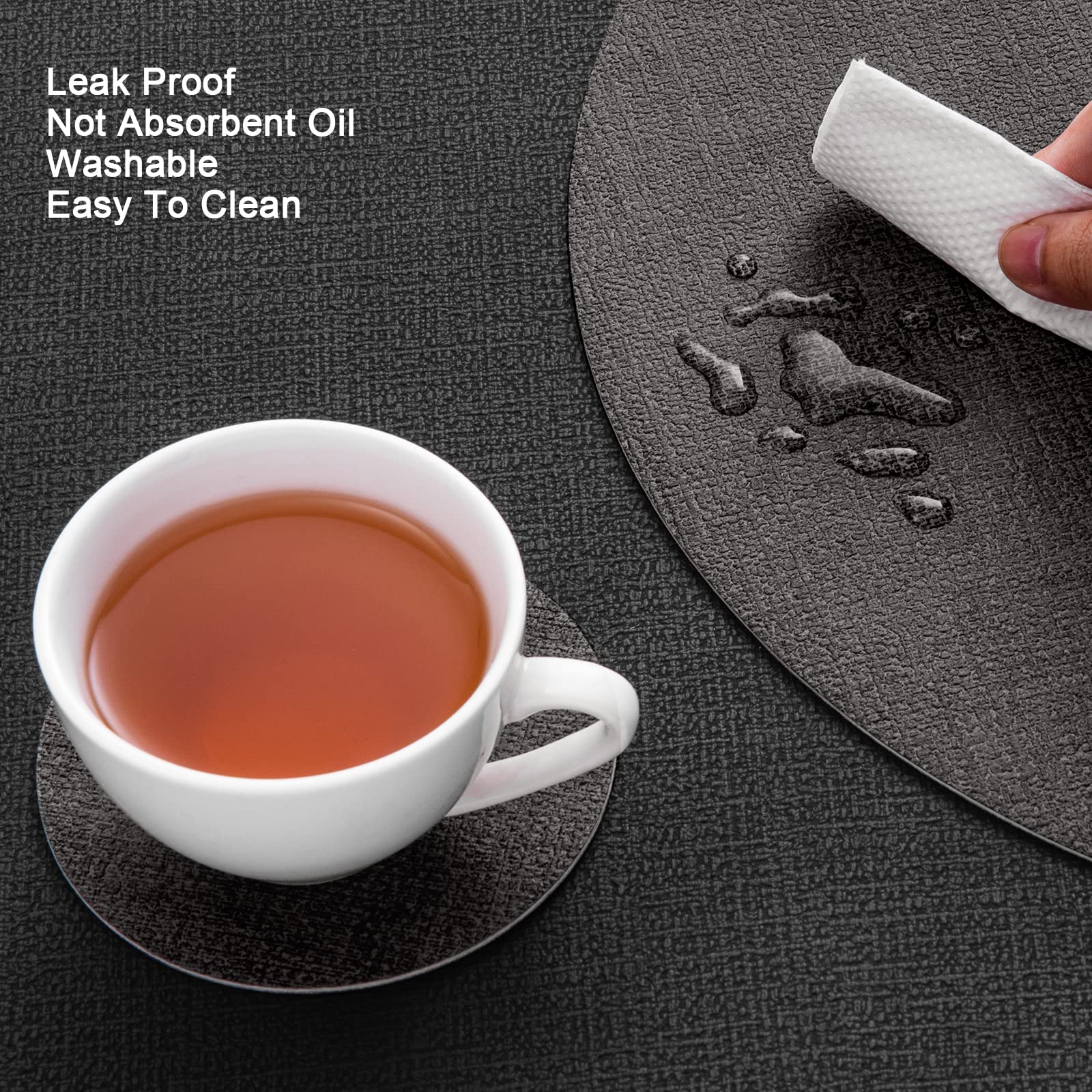 Myir JUN Lederen Placemat en Onderzetters, Tafelmatten Waterdichte Afveegbare Dubbelzijdige Plaats Matten Koffiematten Antislip Wasbare Placemats en Coaster (Sets 4, Grijs Zwart