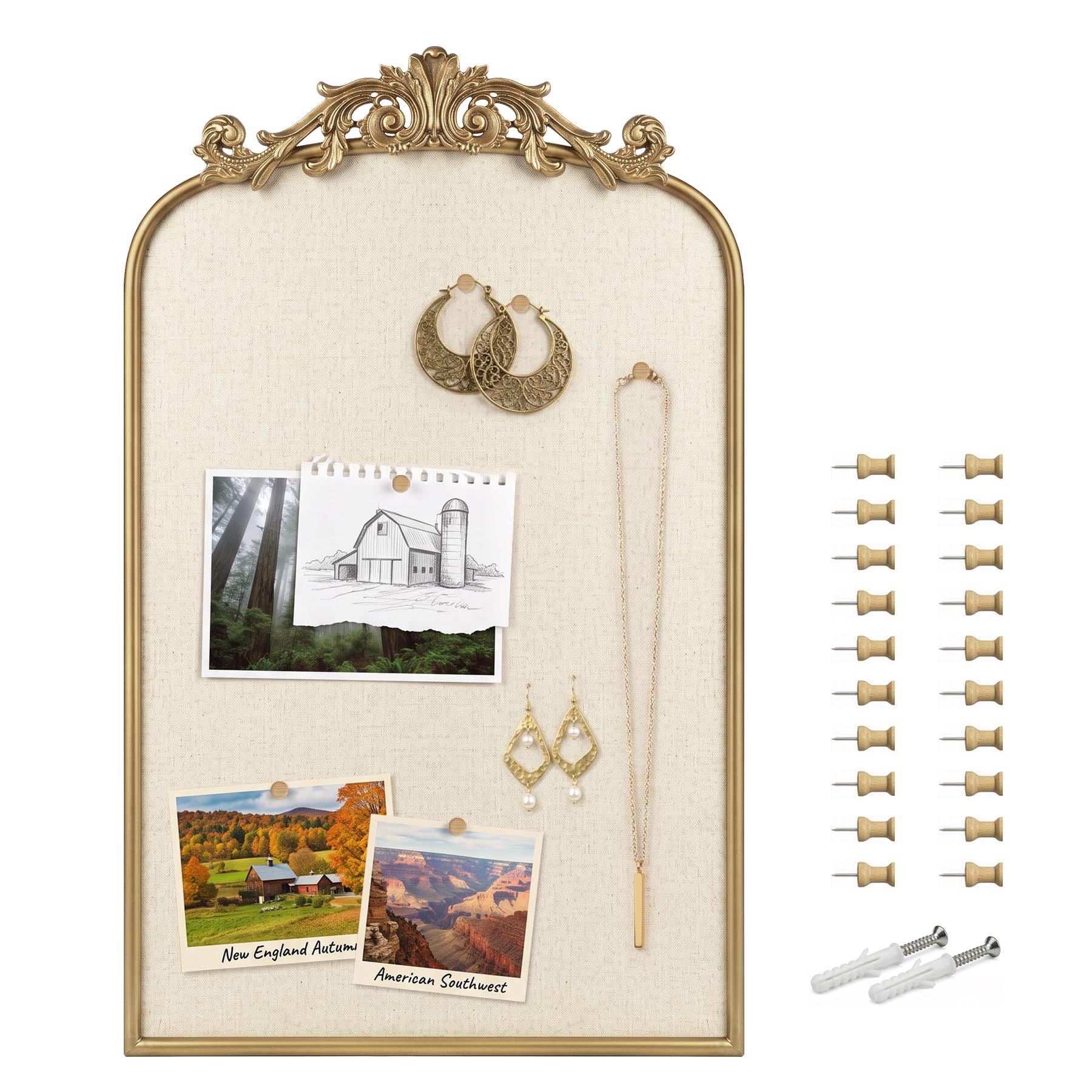 Pinnwand aus Leinen im Vintage-Stil mit kunstvollem Goldrahmen, Wandpinnwand, 48,3 x 78,7 cm