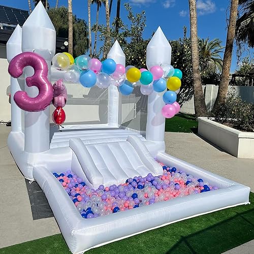Miniatura 8 de White Bounce House para niños, 13 x 8 x 8 pies, casa hinchable blanca Oxford con tobogán y hoyo de bolas, perfecta para fiestas y eventos, segura y
