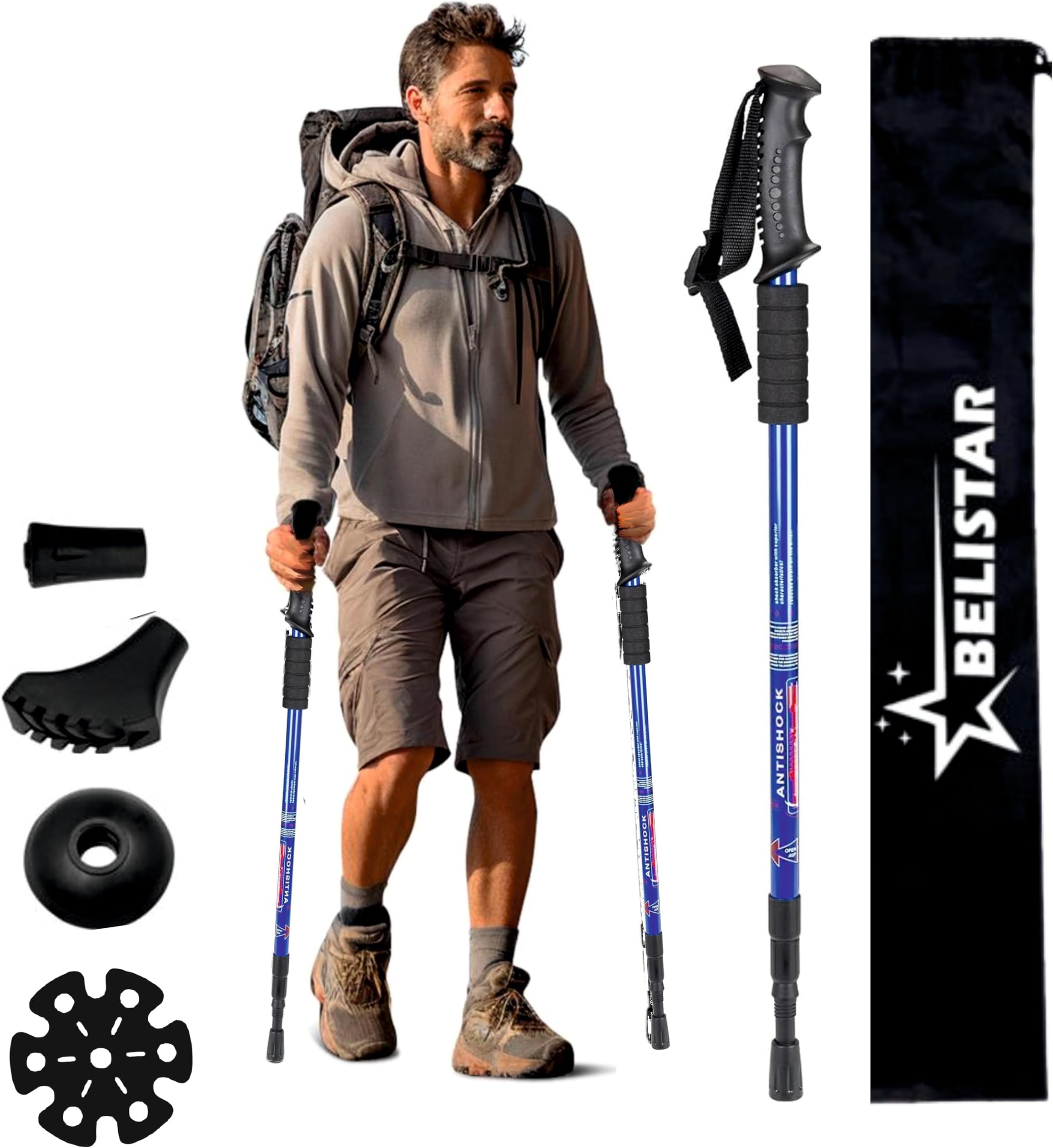 Hiking Trekking Aluminum Poles, Collapsible,Lightweight, Anti Shock, Hiking or Walking Sticks,Adjustable Hiking Pole for Men & Women, All Accessories - Carry Bag (Blue)