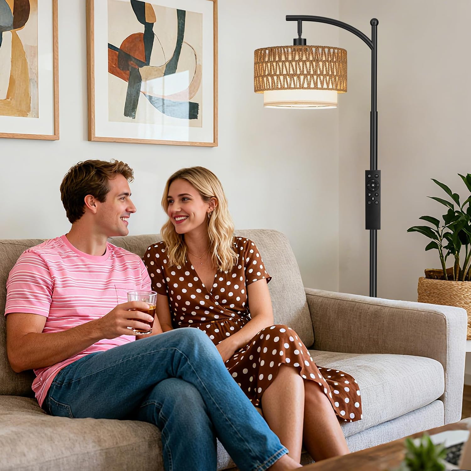 Ambimall Arc Floor Lamp for Living Room with Remote, Boho Standing Lamp with Rattan & Linen Shades, Color Temperature & Dimmable Bulb, Farmhouse Tall lamp for Bedroom, Office(Black)