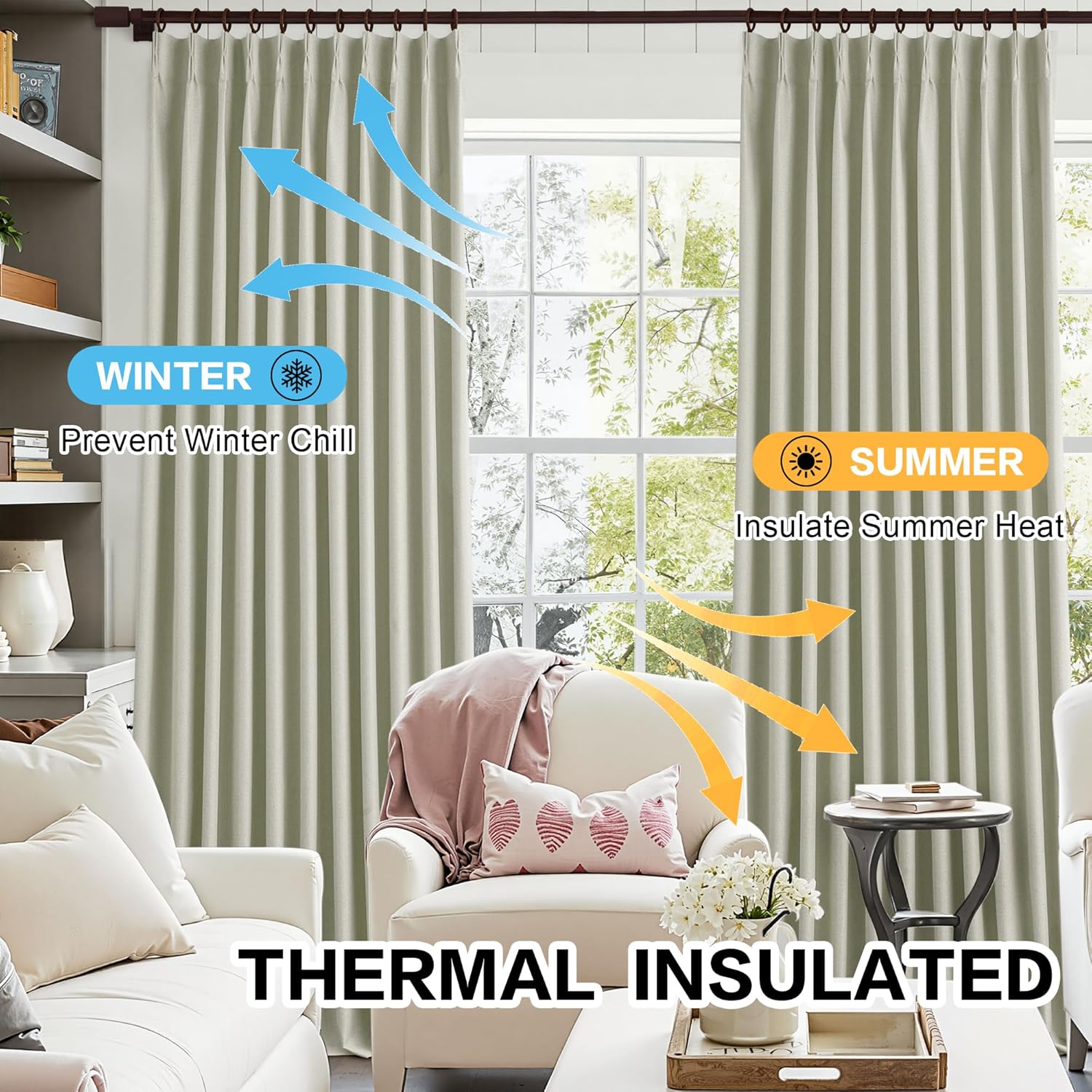 Heat and Full Blackout Curtains for Bedroom 90 Inches Long Linen Extra Wide Pinch Pleated Curtains with Hooks 1 Panel, Beige, 84x90 Inch Home Decor