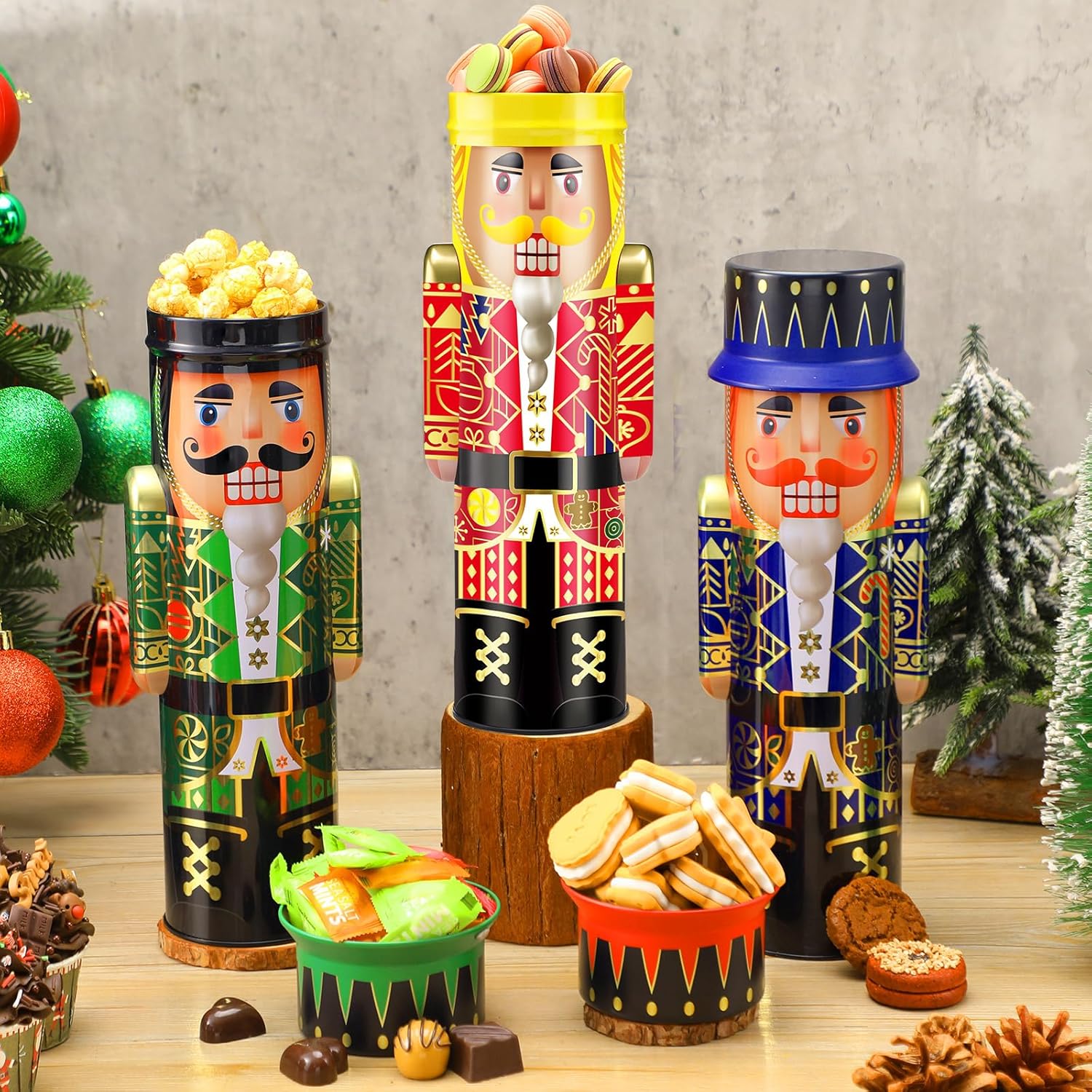 Roshtia 12 Pcs Christmas Cookie Tins with Lids Nutcracker Cookie Containers 12 Inch Decorative Treats Storage Tins Nutcracker Christmas Gift Kitchen Counter Decor for Gift Giving Baking Treat Storage