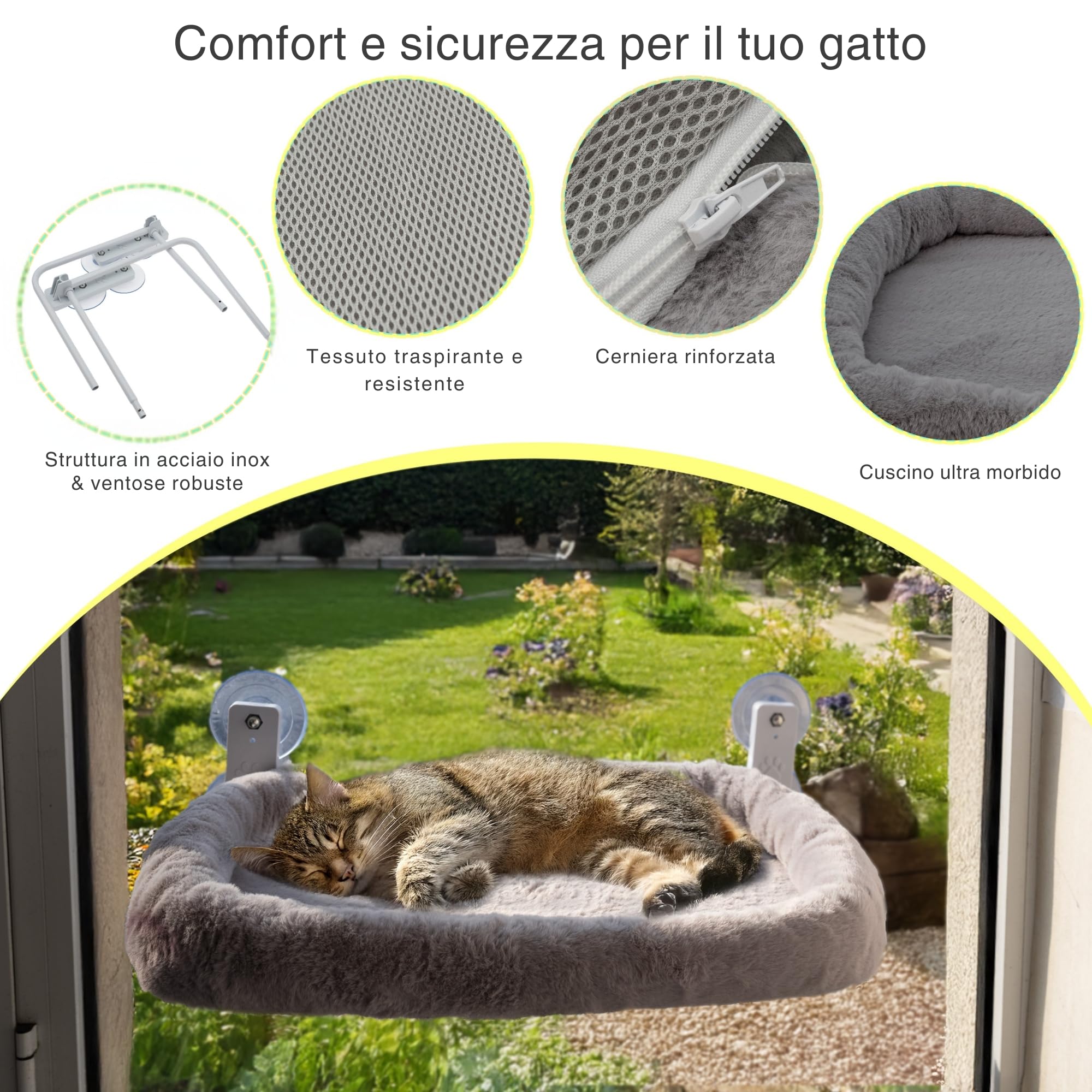 Amaca Gatto Finestra con Cuscino Ultra Morbido Lavabile – Letto Sospeso fino a 18 kg | Cuccia per Gatti da Interno Stabile | Amaca per Gatti da Finestra | Accessori Gatto