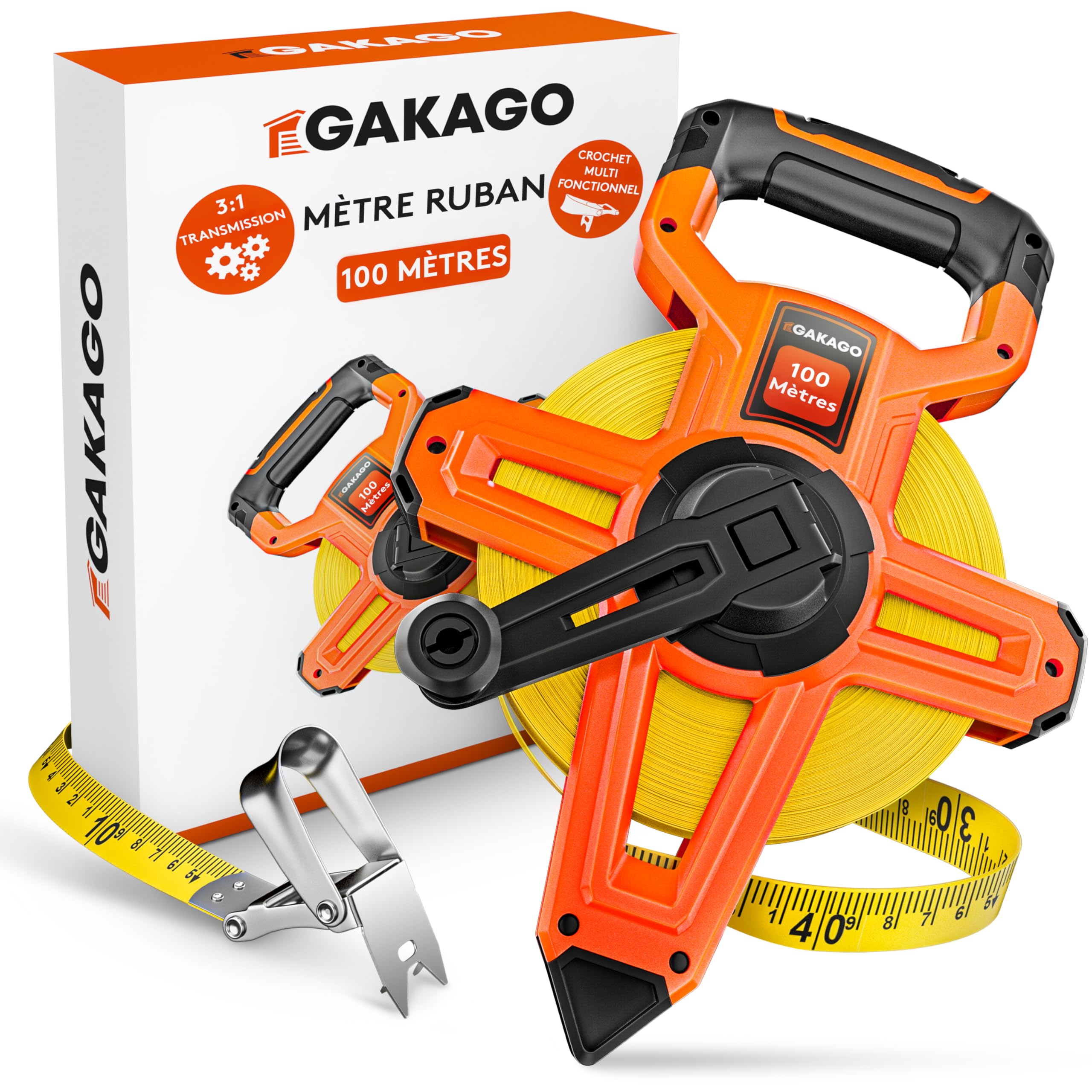 Gakago Mètre ruban 100m - Mètre enrouleur à 3 démultiplications avec levier pliable - Poignée ergonomique et antidérapante du mètre, Rouleau de mètre ruban avec pointe de marquage des points de mesure