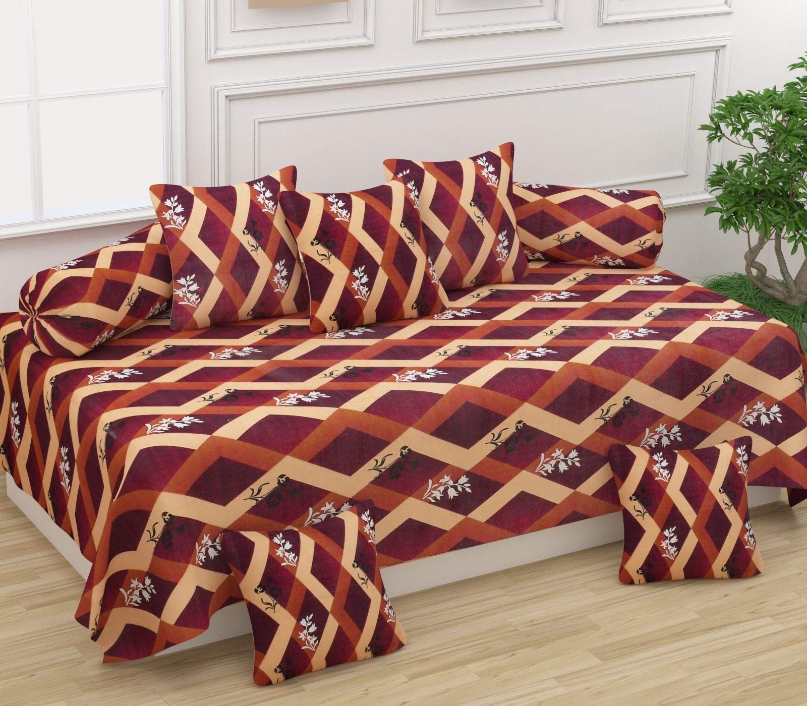 Castiqa Pure Cotton Diwan Covers Set of 8 Pieces | 1Bedsheet 2Bolster Covers 5Cushion Covers | Pattern-Zigzag | (Beige Gold)-image-38