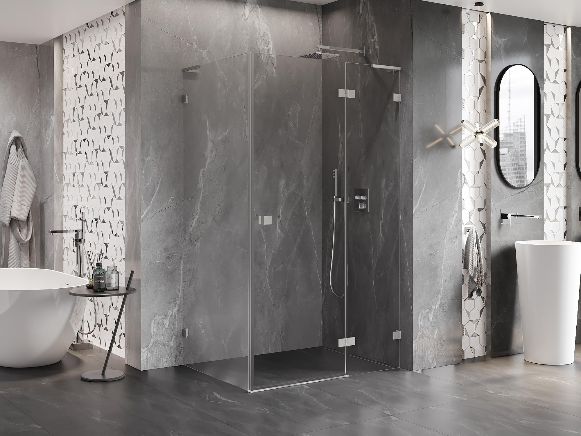 Mexen Lunar L Box Doccia Destra con Porta Battente 85x90 Trasparente Nichel Spazzolato