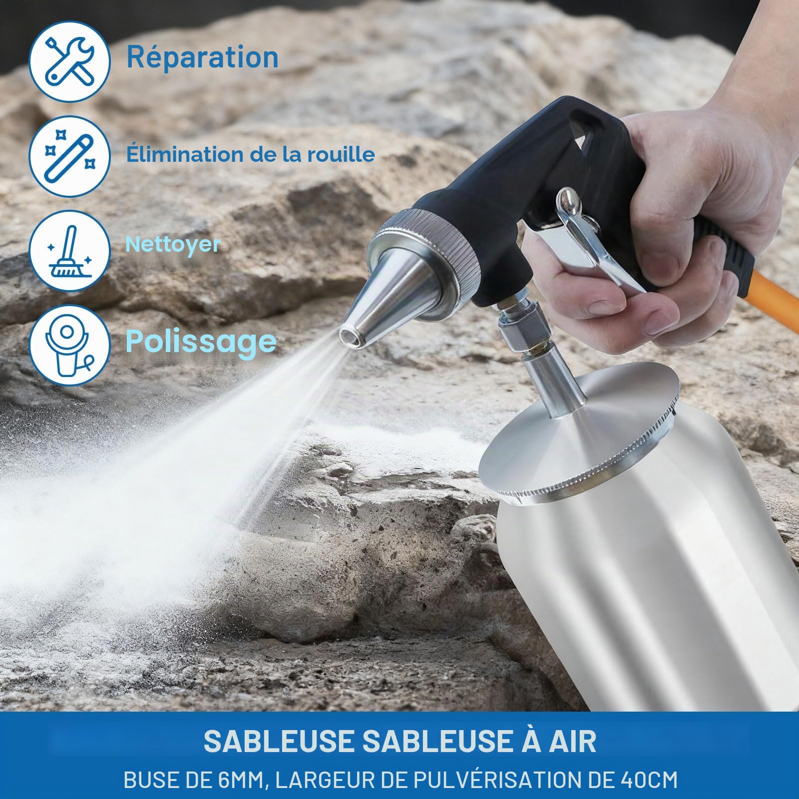 Pistolet de sablage à air comprimé Pression de service 6,5-8 bar Consommation d'air 198 L/min, sableuse, pistolet de sablage convient pour le polissage, le dérouillage, le nettoyage des impuretés