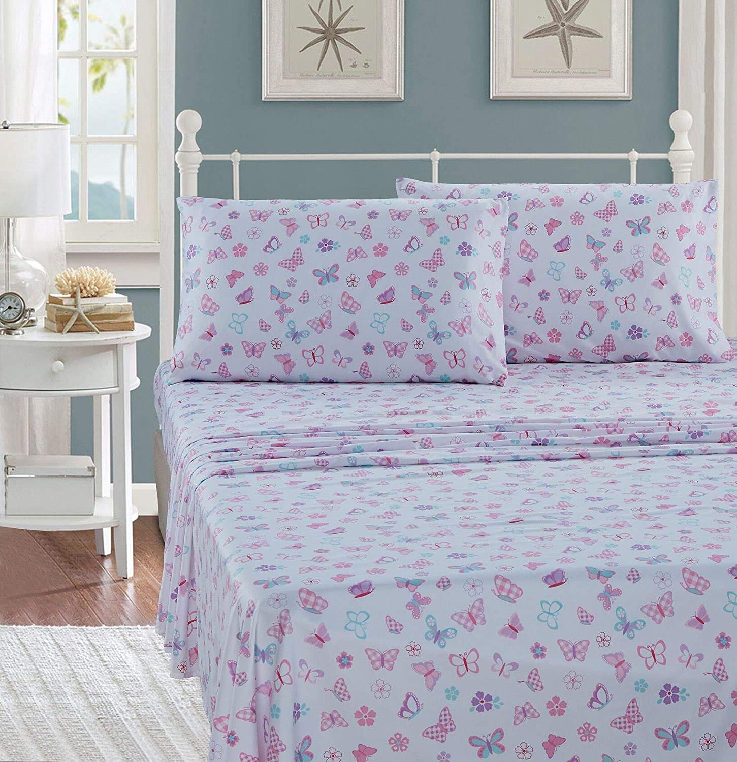 Kids Zone CollectionKids Zone Home Linen Sheet Set for Girls and Teens Butterfly Pink Purple Turquoise White New (Twin)