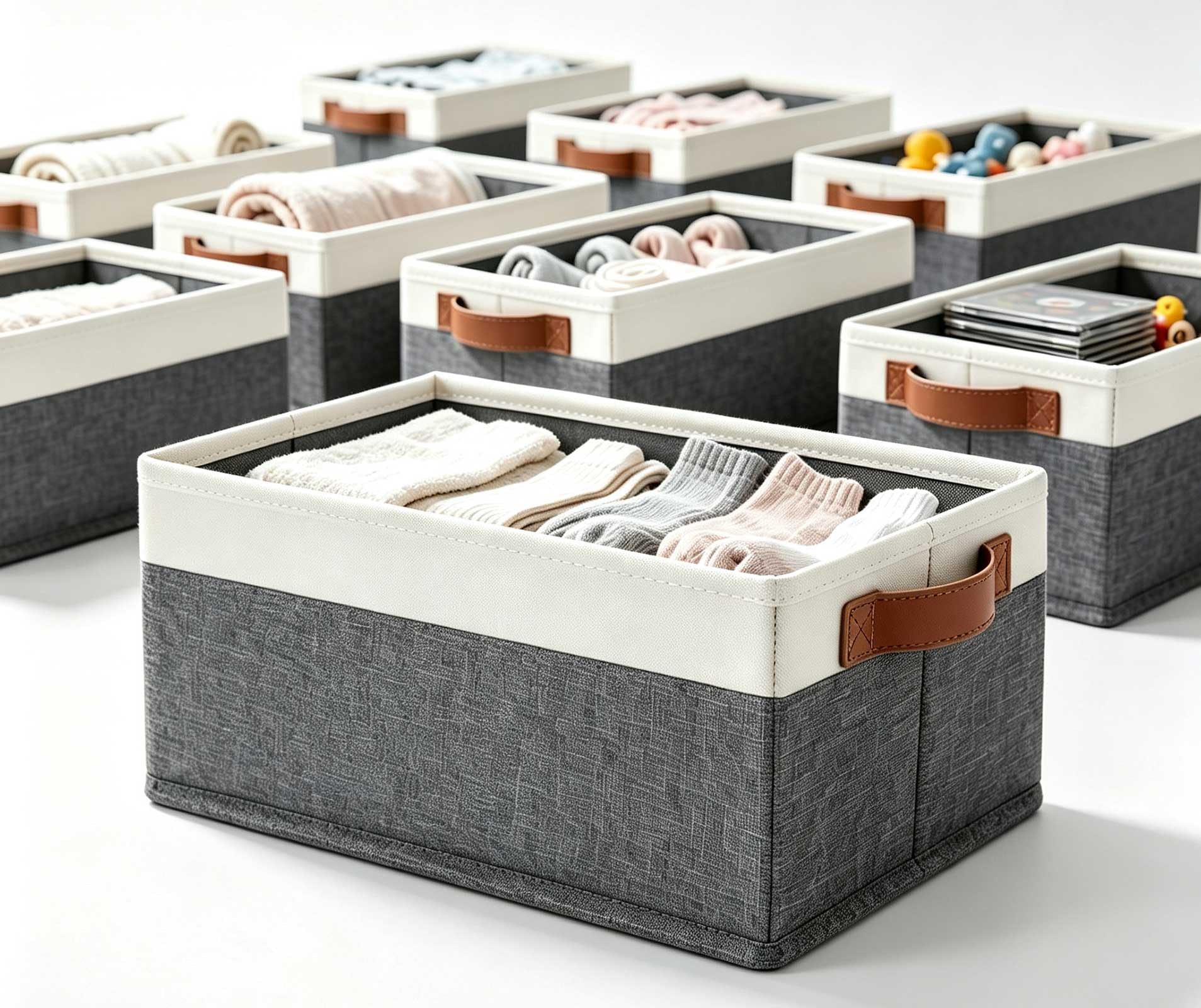 GhvyenntteS Małe materiałowe kosze do przechowywania z uchwytami, 6 sztuk, 30 x 20 x 13 cm, kosze do organizowania ubrań, bielizny, skarpetek, czapek, płyt DVD (szare/białe)
