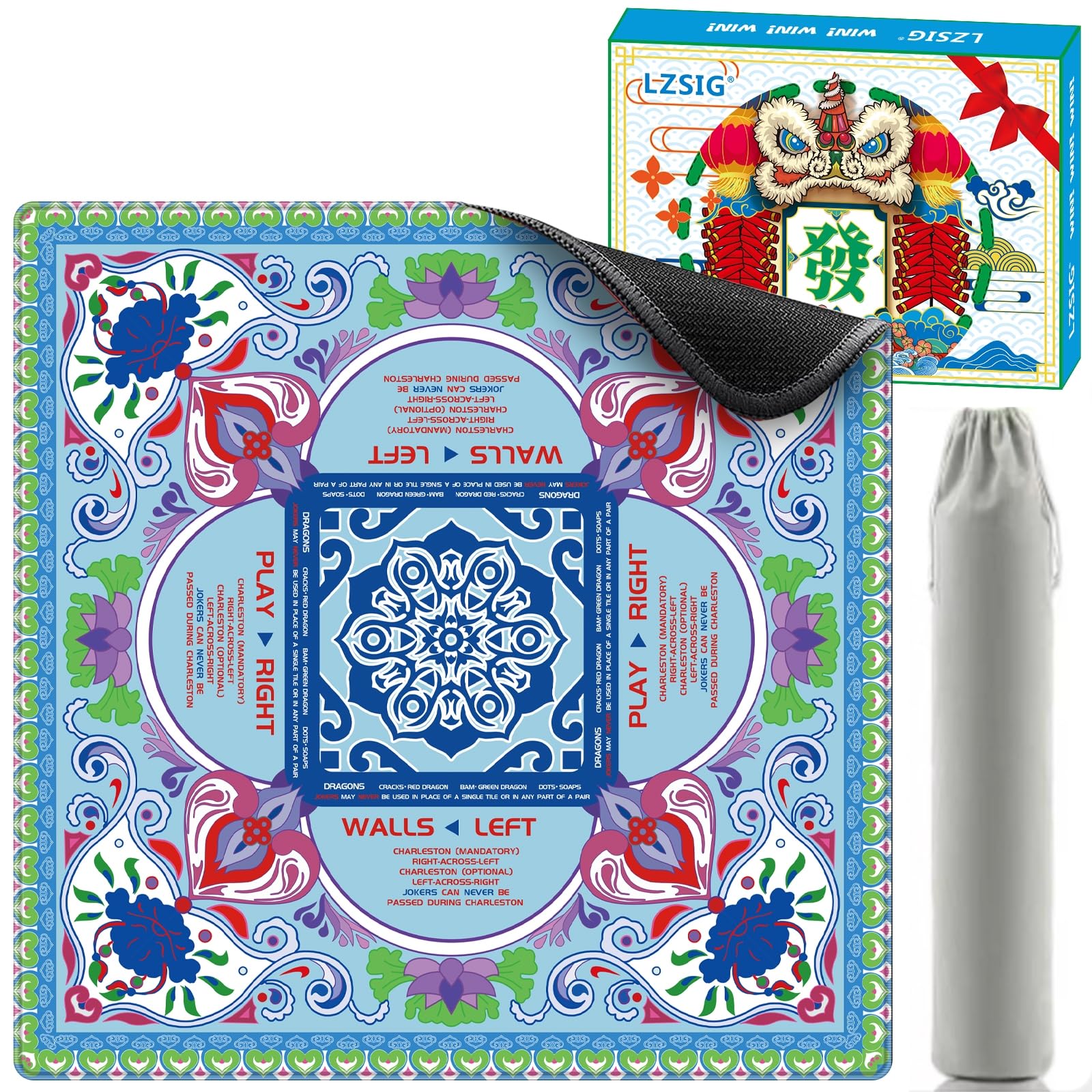 LZSIG Mahjong Mat with Carry Bag, 33"×33" Non-Slip Large Gaming Table Mat, Noise Reduction American Mahjong Table Cover for Poker, Board Games, Card Games, Dominoes & Tile Games (Blue-2) — image 1