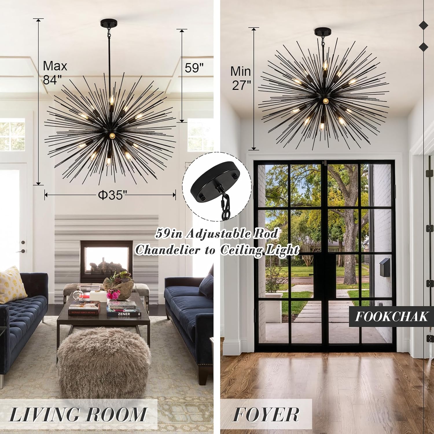 35in Black Sputnik Chandelier 12-Light Starburst Chandelier Light Fixture Solid Metal Mid-Century Modern Satellite Light Fixture for High Ceiling Living Room Dining Room Foyer, E12