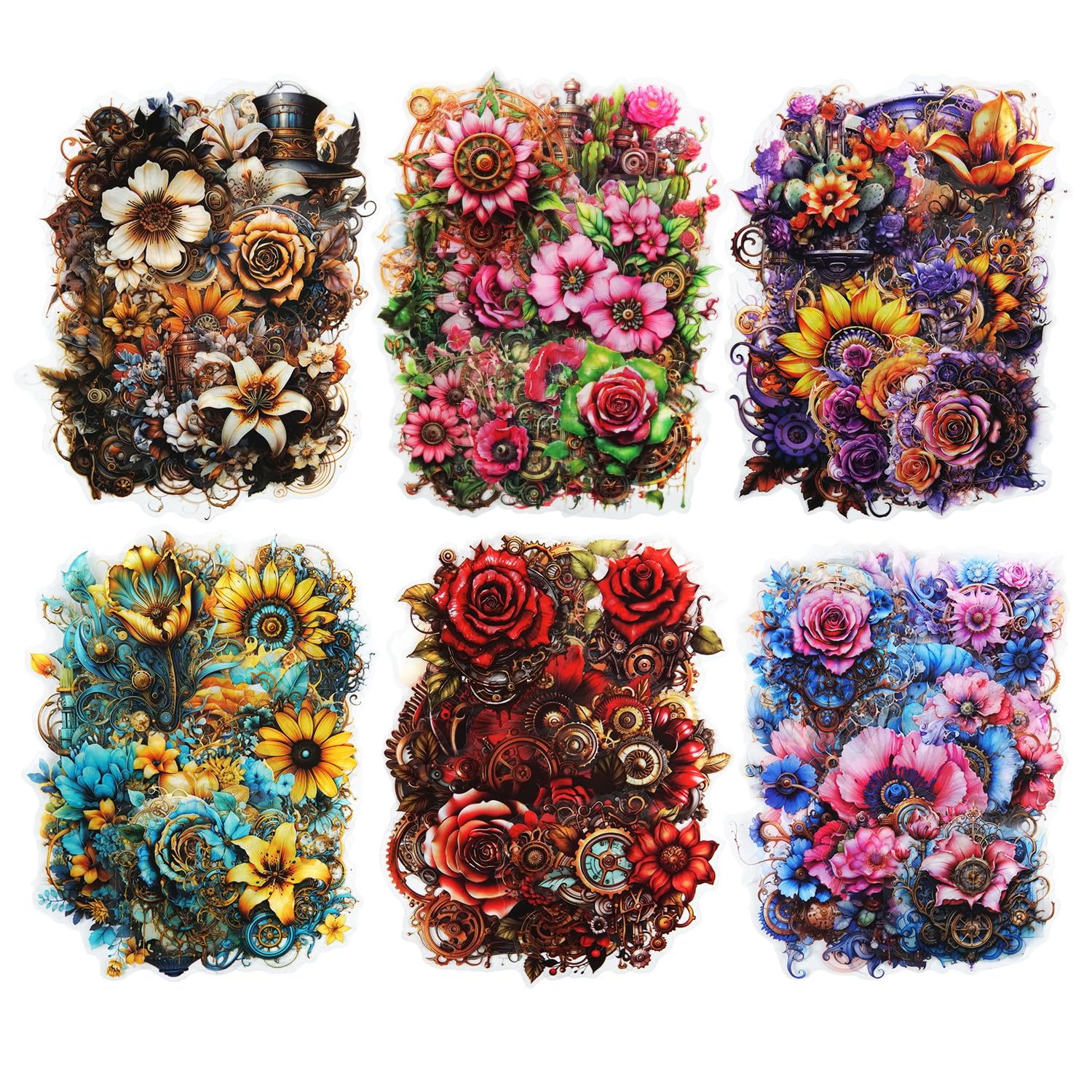 Miyouluna Steampunk Flower 120Pcs Steampunk Pet Stickers, Flower Designs For Scrapbooking Waterproof Journaling Supplies Junk Journal Ephemera With Storage Organizer