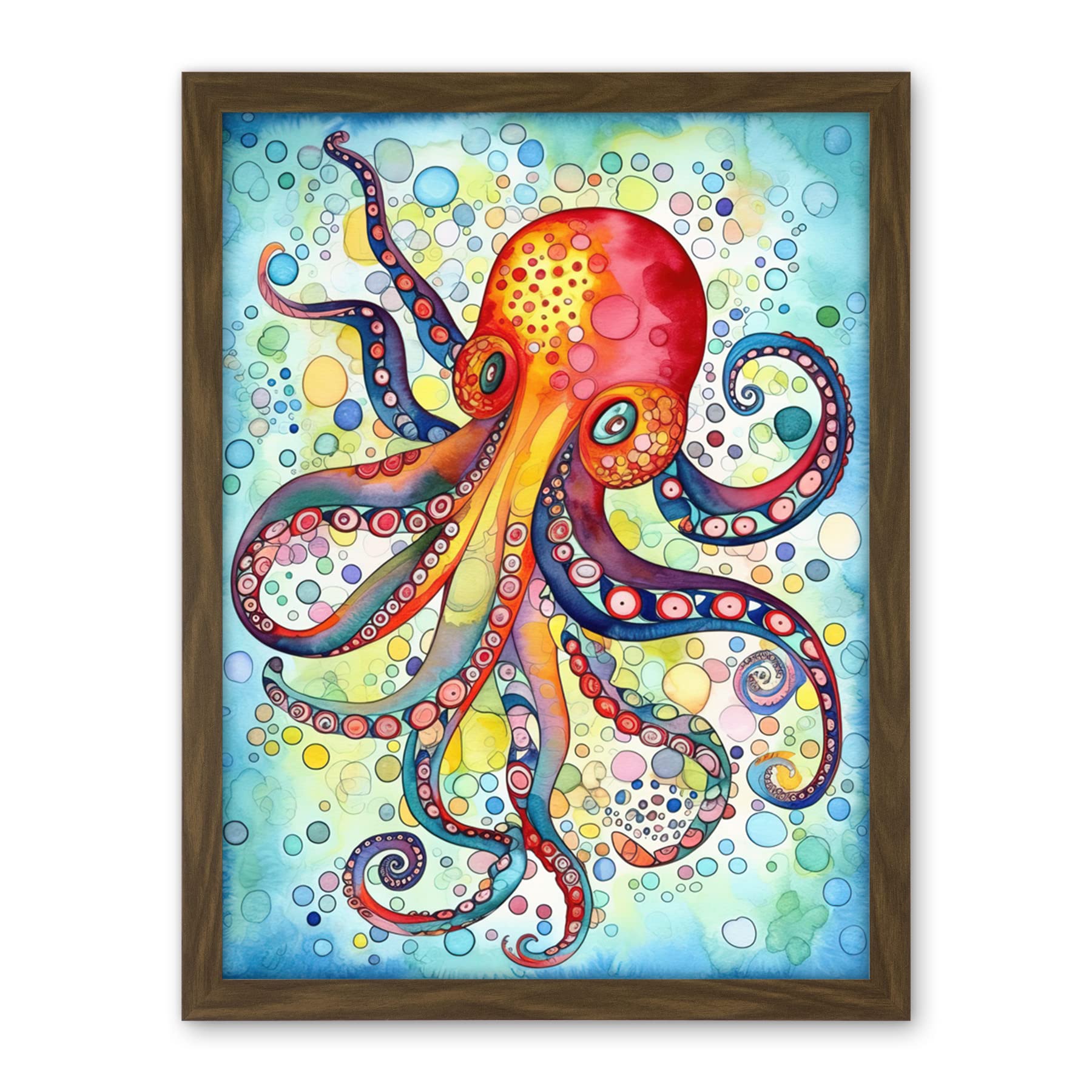 Artery8 Octopus Swimming In Air Bubbles Folk Art Watercolour Painting Artwork Framed Wall Art Print 18X24 Inch