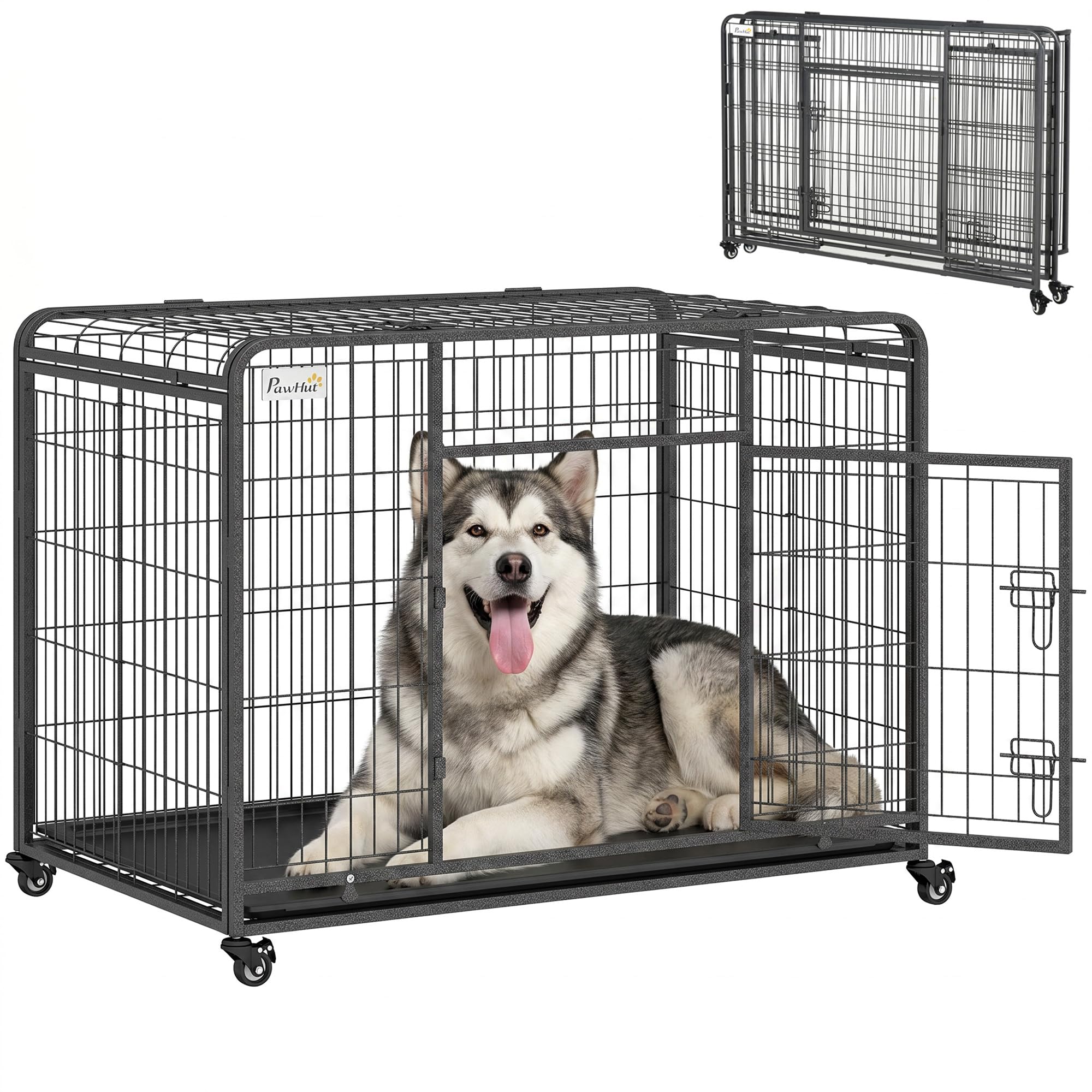 PawHut Kennel Cage pour Chien Pliable avec Frein et Fond Amovible - Gris