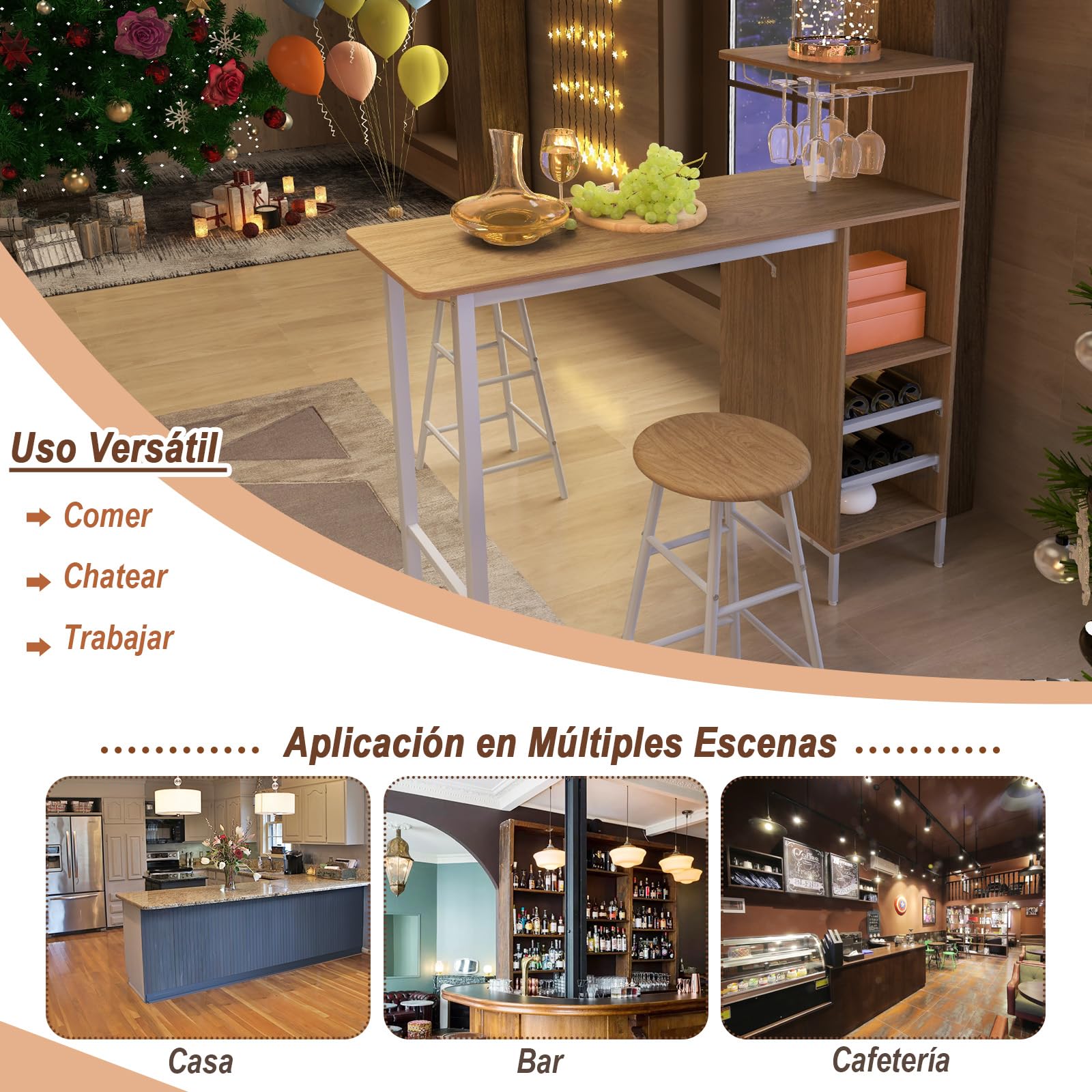RELAX4LIFE Juego de Mesa Comedor de 3 Piezas, Mesa de Comedor con 2 Taburetes de Bar, 3 Estantes, Soportes para Copas y Portabotellas de 2 Niveles, Mesa Alta Cocina de MDF, 120x40x121,5cm (Natural)