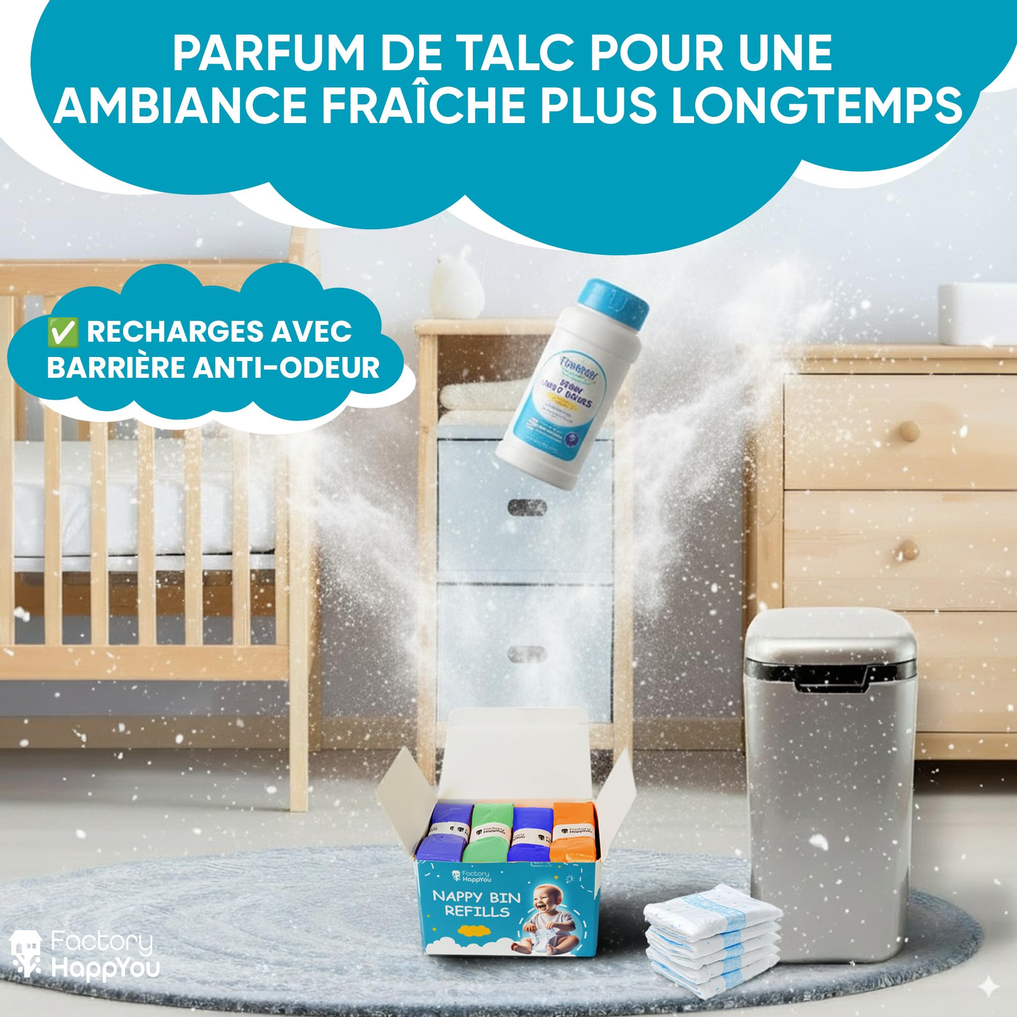 Factory HappyYou® – Pack XXL de 8 recharges poubelle couche bébé de 7,5 mètres compatibles avec poubelle à couche Tommee Tippee et Angelcare – Anti-odeur – Sans BPA – Recyclable