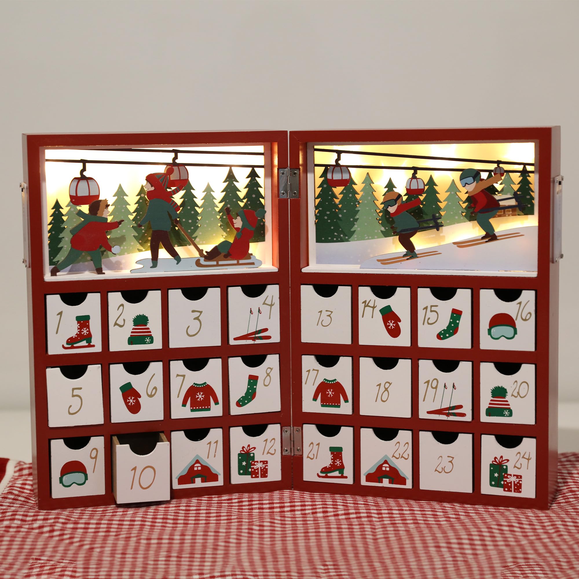 Weihnachts-Adventskalenderbuch aus Holz mit LED-Beleuchtung, rote Farbe, Weihnachts-Szenen, Countdown, Urlaubsgeschenke mit 24 Schubladen, für Erwachsene und Kinder, Heimdekoration