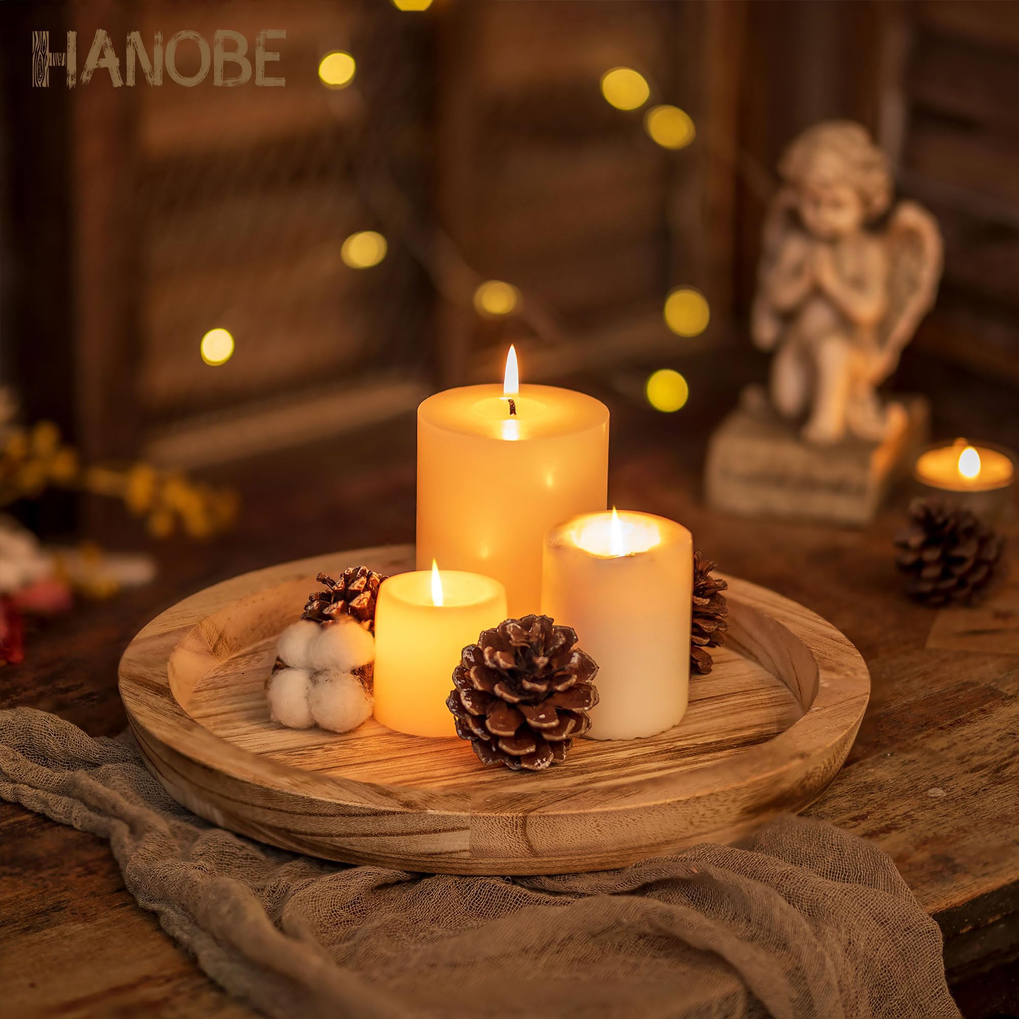 Hanobe Rustic Wooden Serving Tray: Round Wood Butler Decorative Tray Rustic White Centerpiece Candle Holder Trays Farmhouse Ottoman Tray for Decor Kitchen Counter Home Decor for Coffee Table - Image 3