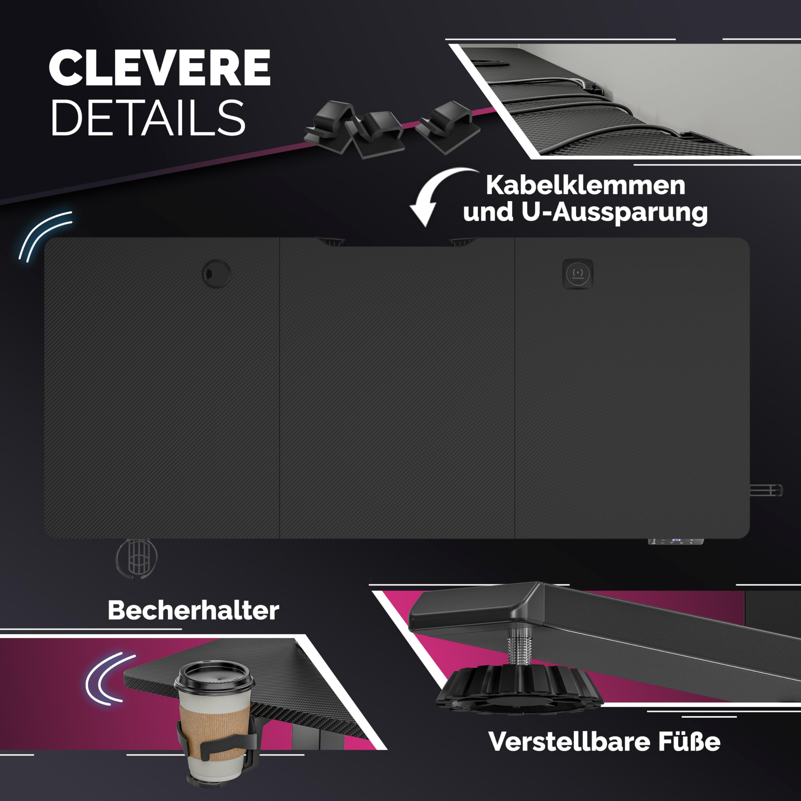 Casaria® Höhenverstellbarer Gaming Schreibtisch elektrisch 120 x 60 cm mit Wireless Charger & USB-C/A Anschluss LCD-Display Memory-Funktion 80 kg belastbar ergonomisch Gamer Carbon Optik