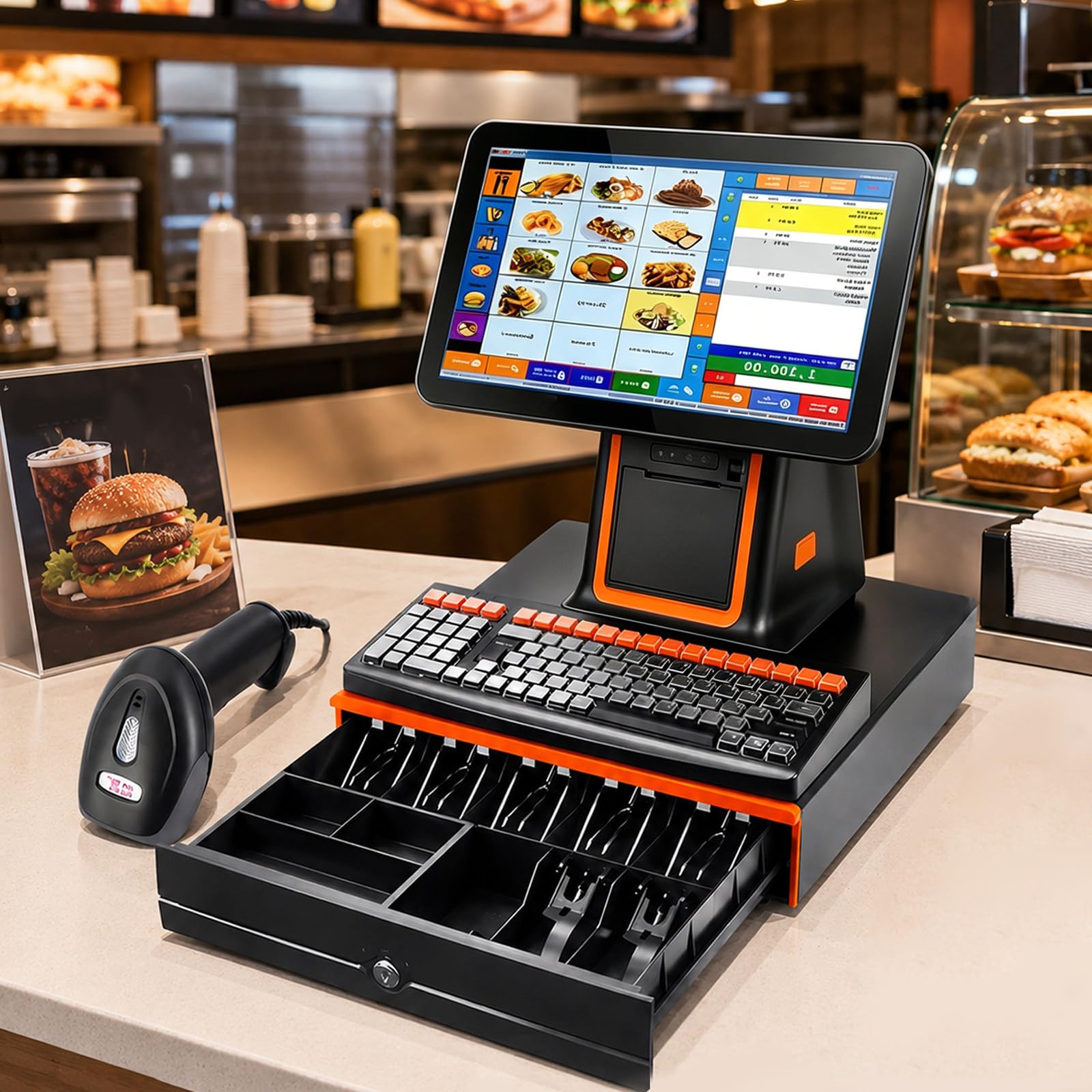 Pos System for Small Business, 15.6" Touch Screen Cash Register with Cash Drawer, Barcode Scanner, Built-In 58mm Receipt Printer, I5 8GB RAM 128GB SSD, For Retail Stores and Restaurants Black