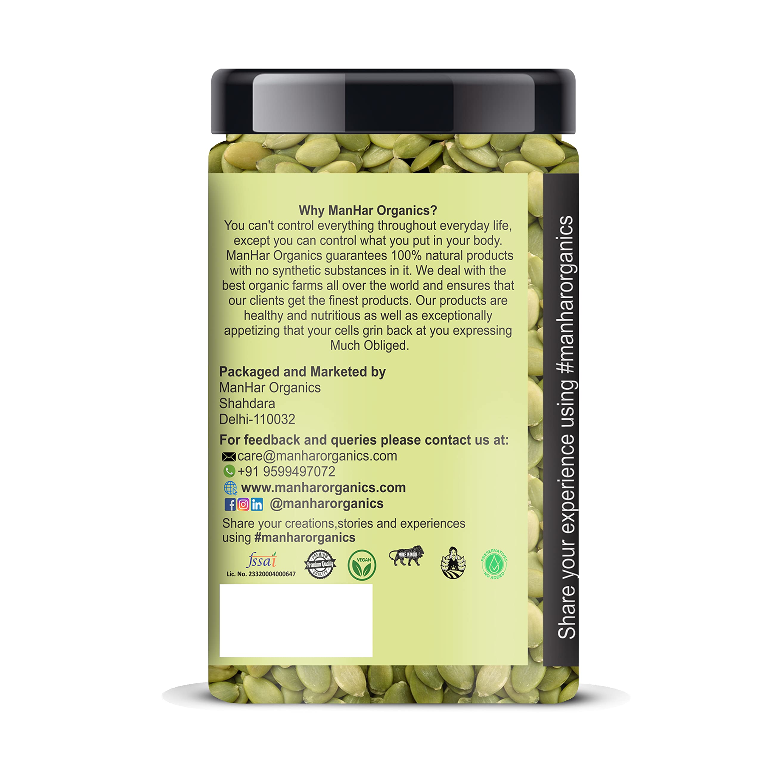 ManHar Organics Premium Roasted Pumpkin Seeds 500g Jar | Crunchy & Nutritious | Rich in Protein, Fiber & Healthy Fats | Ready to Eat 1