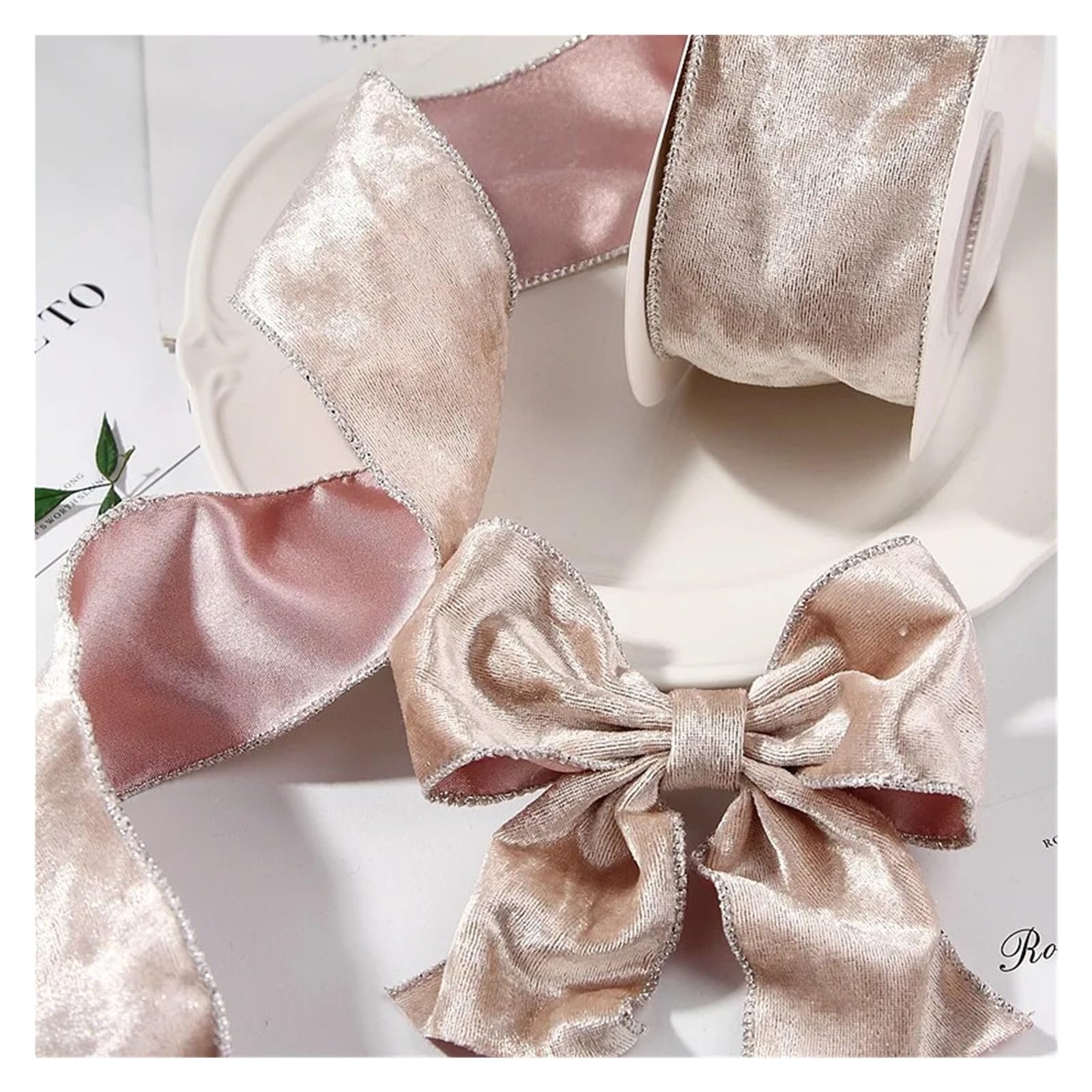 2 stücke Samt Goldenen Rand Bänder Handgemachte Weihnachten Kranz Dekoration Handwerk DIY Haar Bögen Nähen Zubehör für Schleifenband(Pink)