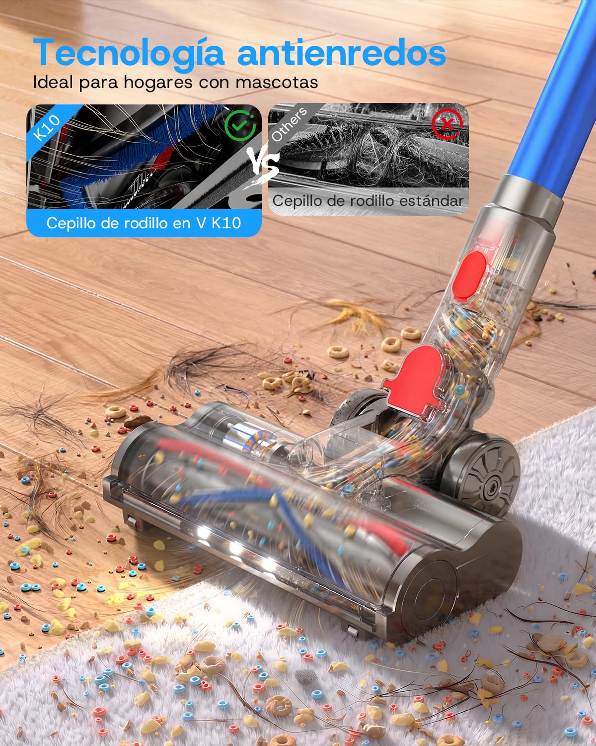 K10 Aspiradora sin Cable 650W/55KPa/80 Min con Modo Automático | Aspirador Escoba Potente con Pantalla Táctil LED, Cepillo en V Antienredos para Suelos Duros, Alfombras y Pelo de Mascotas