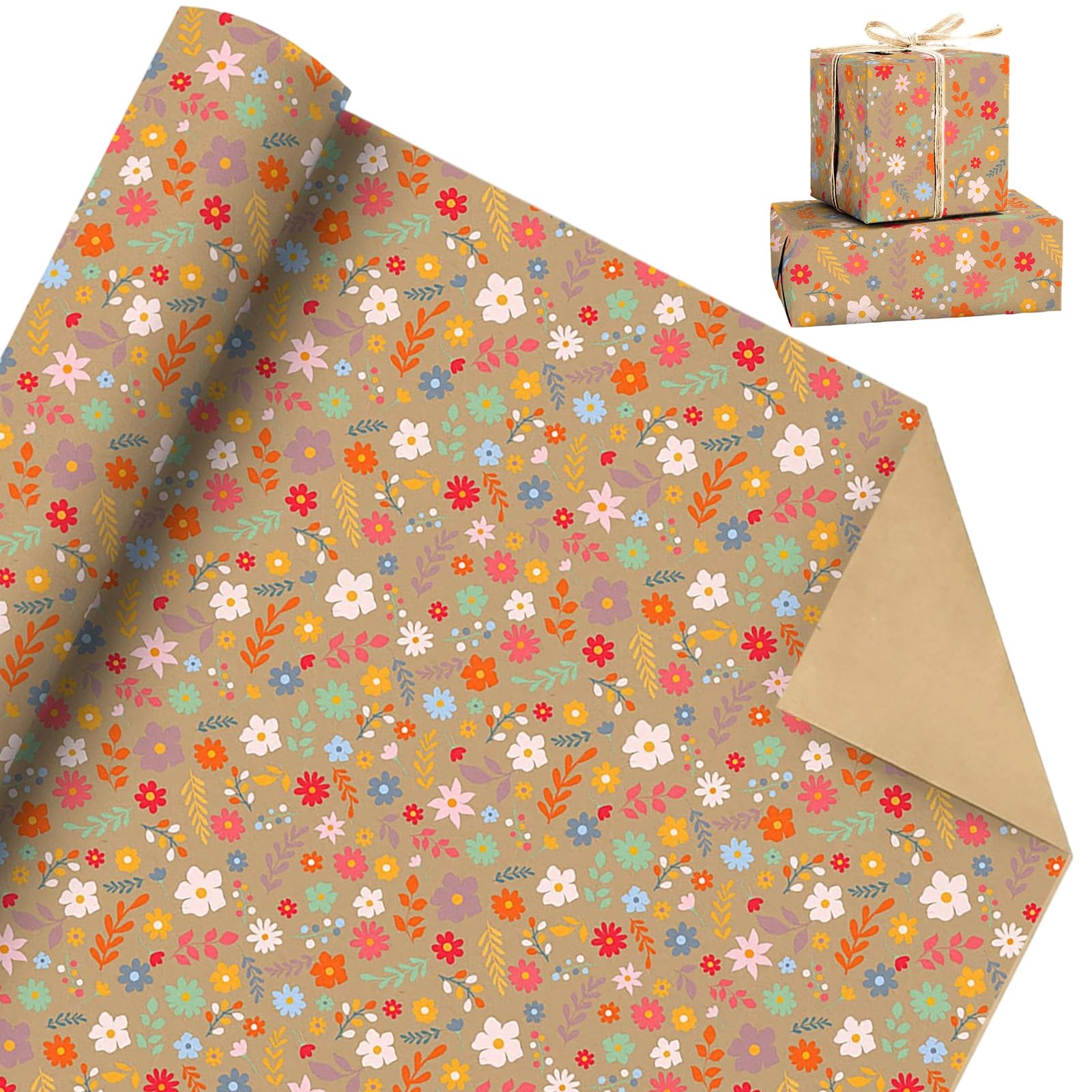 Kraft Floral Wrapping Paper Roll, 43cm X 5m Wildflower Design Flower Gift Wrap, Vintage Flower Wrapping Paper for Birthday Wedding Bridal Shower Mother's Day Engagement