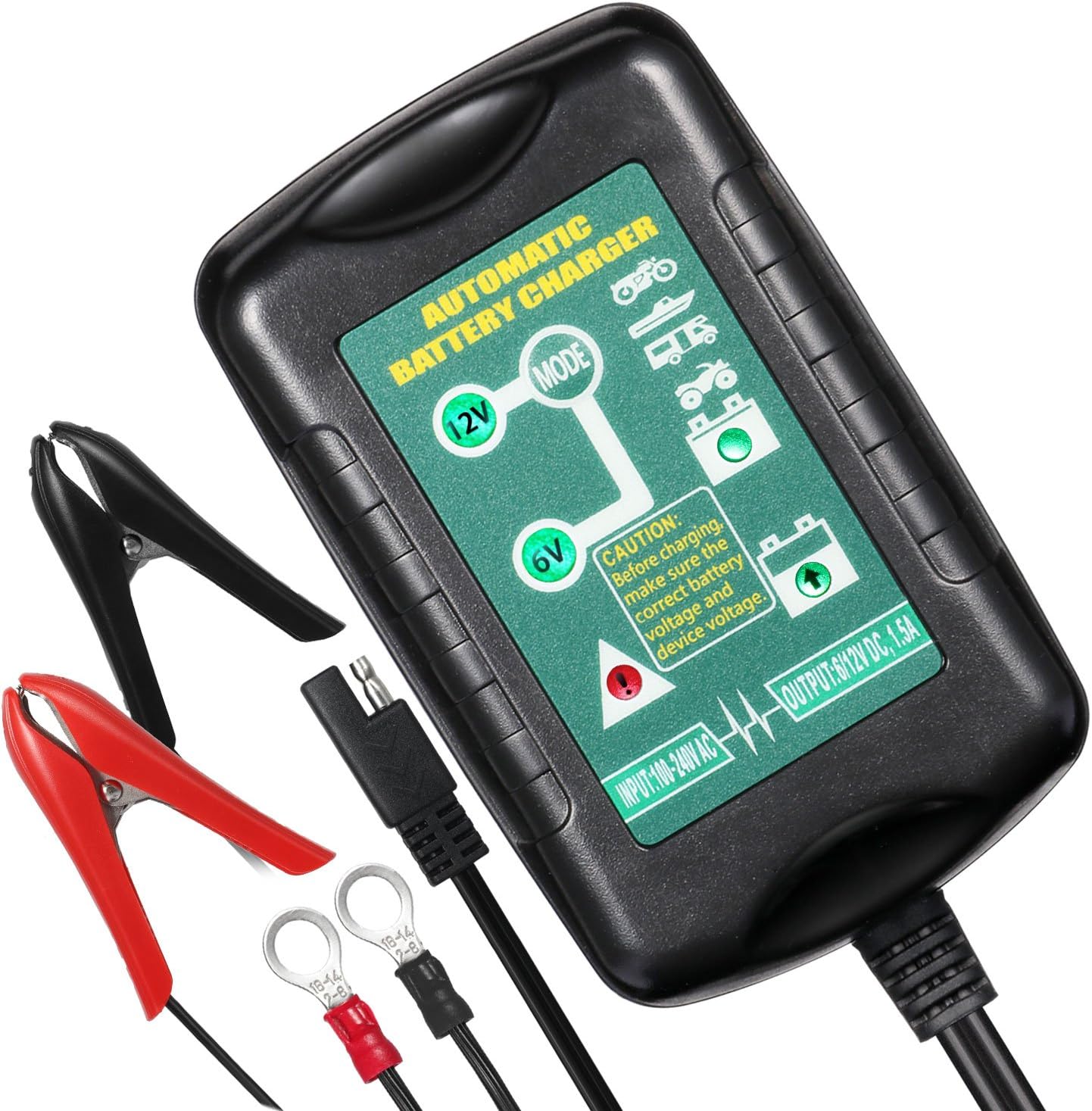 Automatic Battery Charger, InThoor 6V/12V 1.5Amp Car Battery Charger Maintainer for Vehicle/ Motorcycle/ Lawn Mower/ ATV/ RV and More