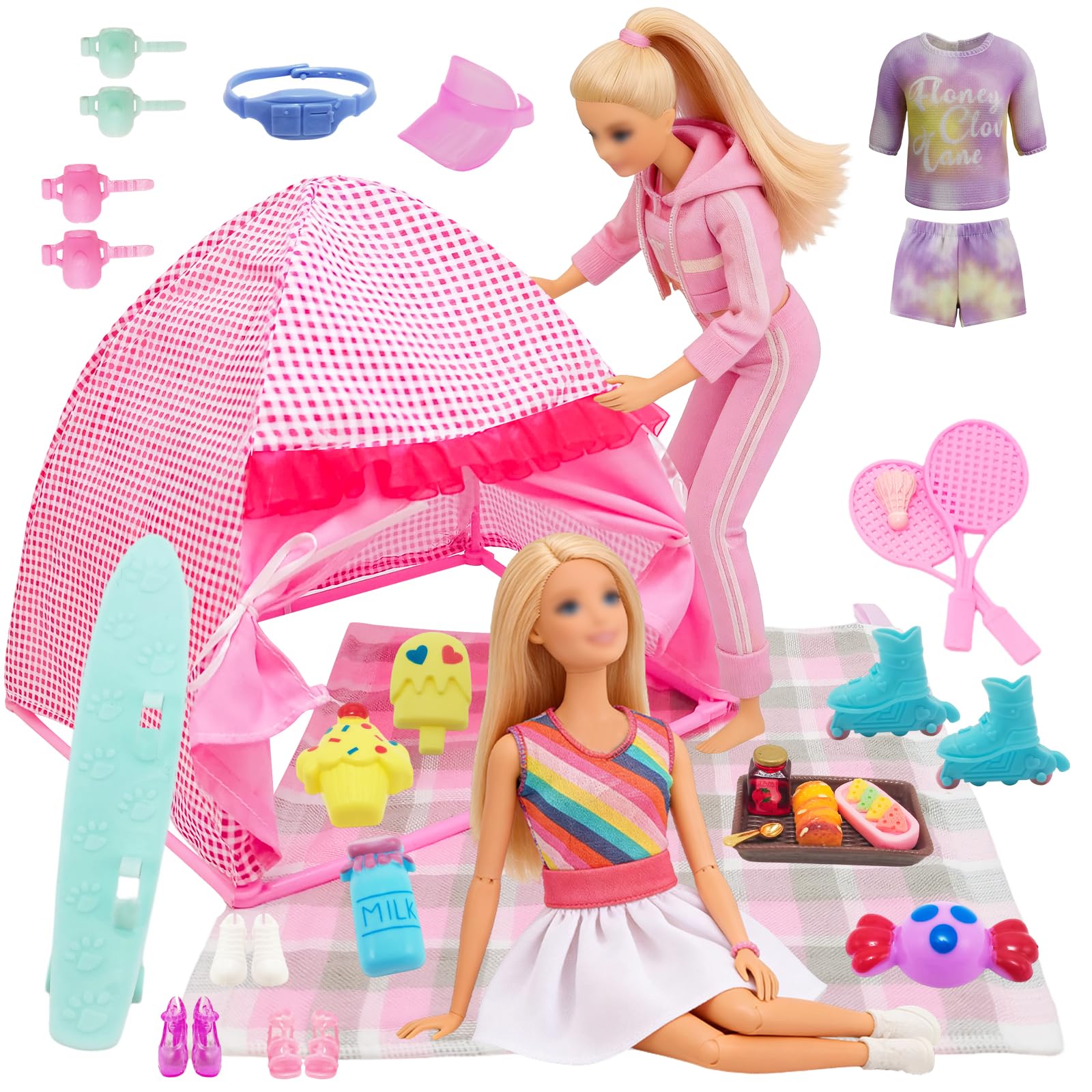 25 Pcs Doll Clothes Travel Camping Tent Compatible with Barbie, 1 Tent 1 Dress 1 Fashion 1 Leisure 3 Shoes 10 Picnic Food Toy 8 Outdoor Accessories Playset Set for 11.5 Inch Doll Girls Gift