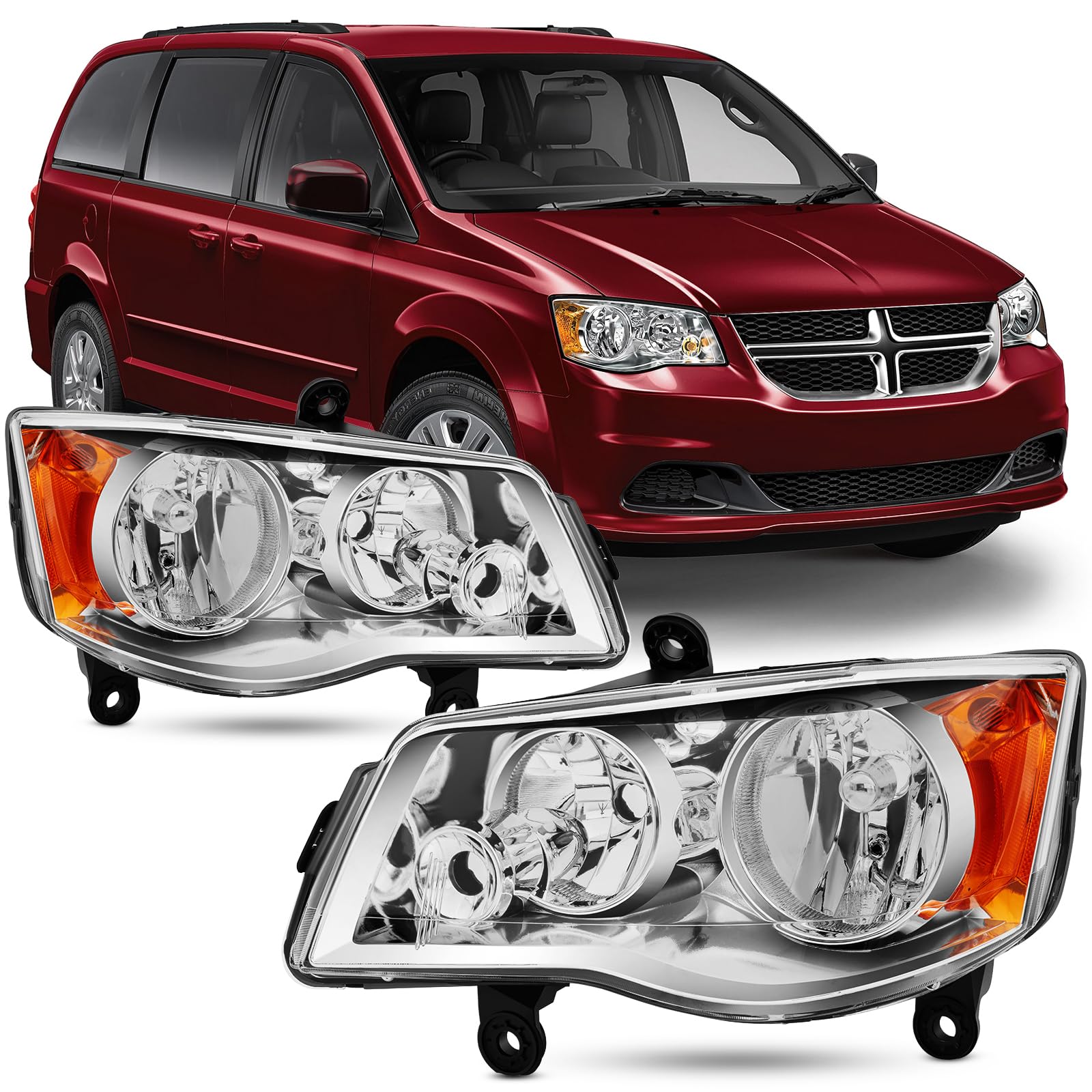 Headlight Assembly Compatible with 2011-2020 Dodge Grand Caravan / 2008-2016 Chrysler Town & Country Headlamp Chrome with Amber Reflector Factory Style Replacement Pair