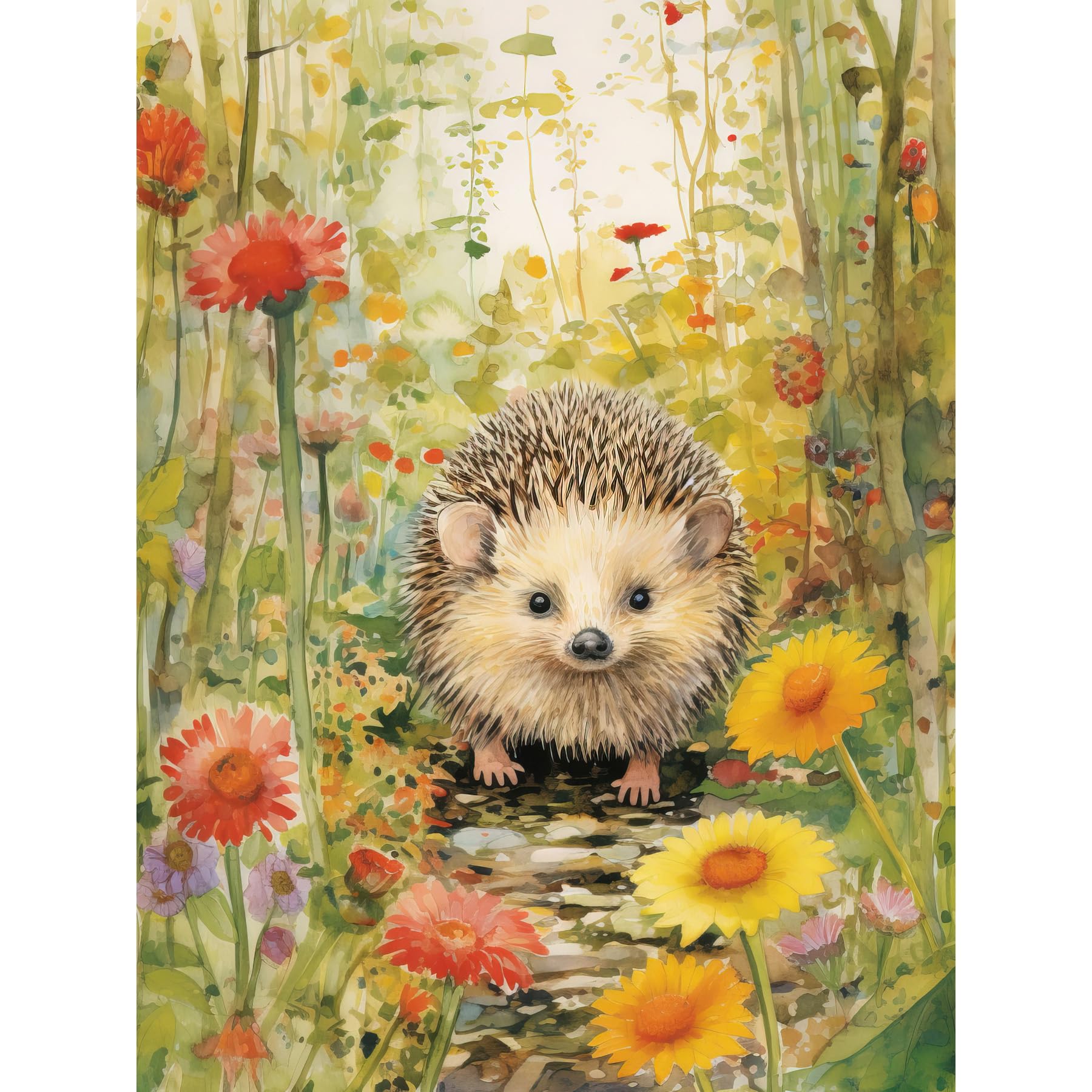 Artery8 Adorable Hedgehog in a Wildflower Meadow Watercolour Painting Kids Bedroom Cute Woodland Creature Extra Large XL Wall Art Poster Print