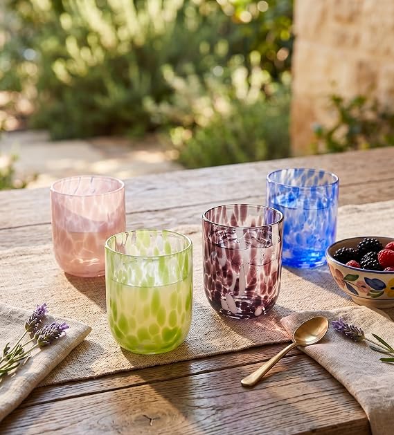 Stephanie Imports Set of 4 Handcrafted Double Old-Fashioned Confetti Drinking Glasses (12 oz) (Baby Pink & White)
