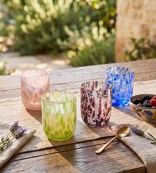 Stephanie Imports Set of 4 Handcrafted Double Old-Fashioned Confetti Drinking Glasses (12 oz) (Baby Pink & White)