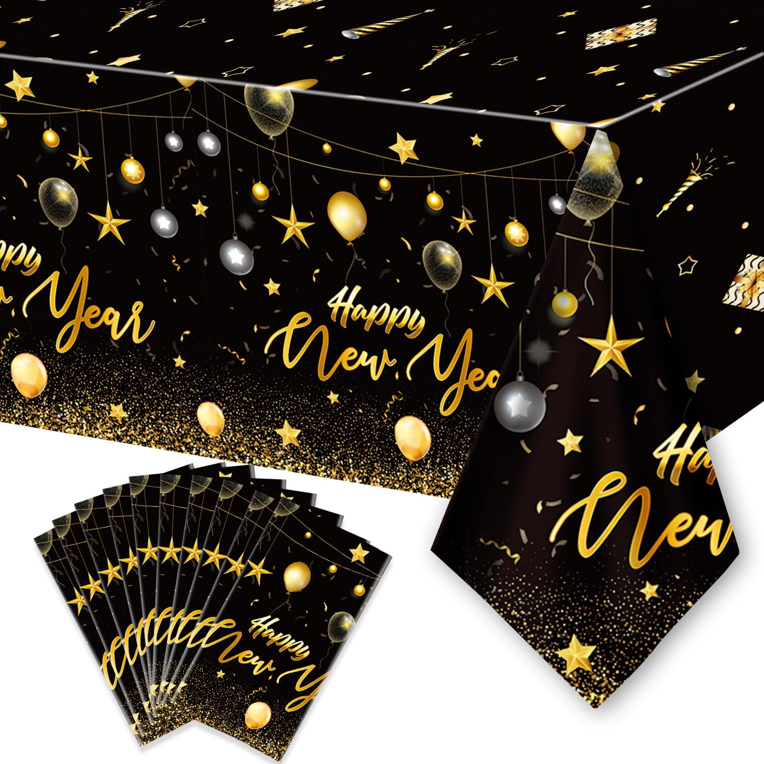 10PCS Happy New Year Tablecloth, Disposable Black Gold NYE Party Tablecloth Decorations, Rectangular Plastic Table Cover NYE Theme Party Supplies for Decorations, 108 x 54”