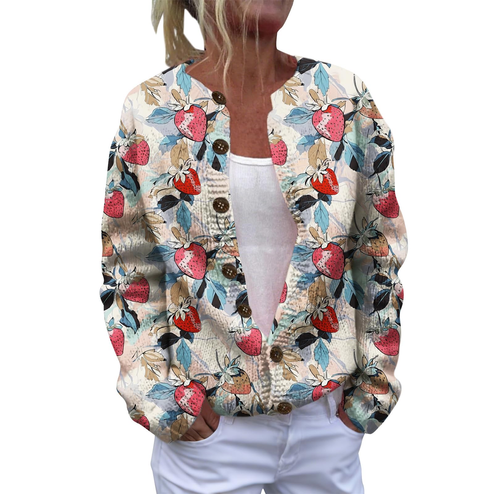 Womens Long Sleeve Chunky Knit Sweaters Casual Trendy Fall Tops Coat Boho Floral Print Button Down Cardigan Sweaters